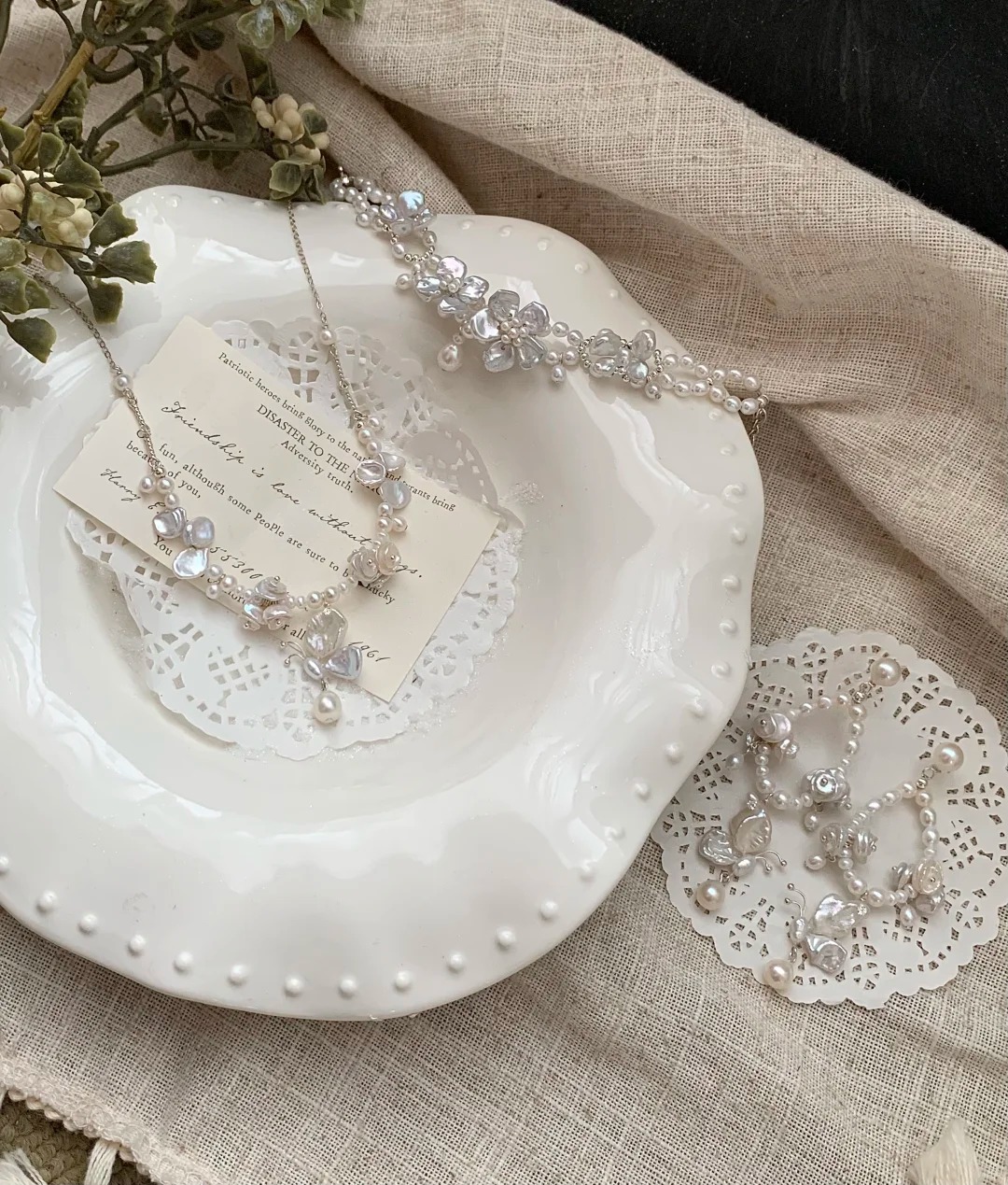Butterfly necklace + wreath earrings + bracelet pearl jewelry date wedding