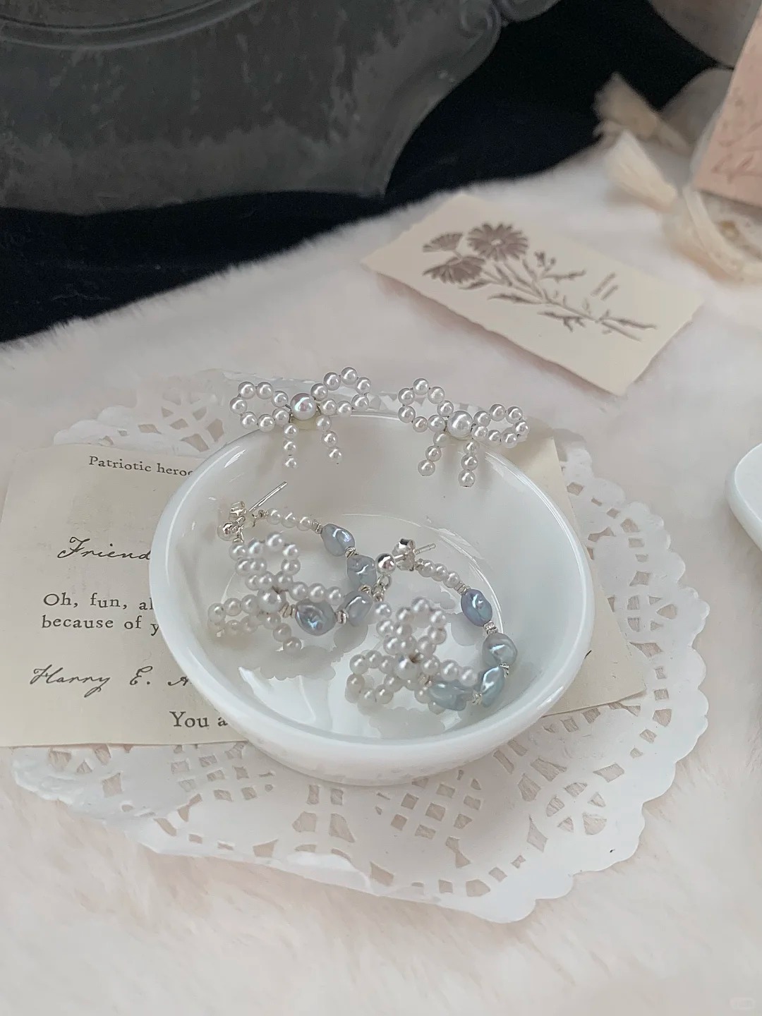 Bow earrings natural pearl handmade simple daily date