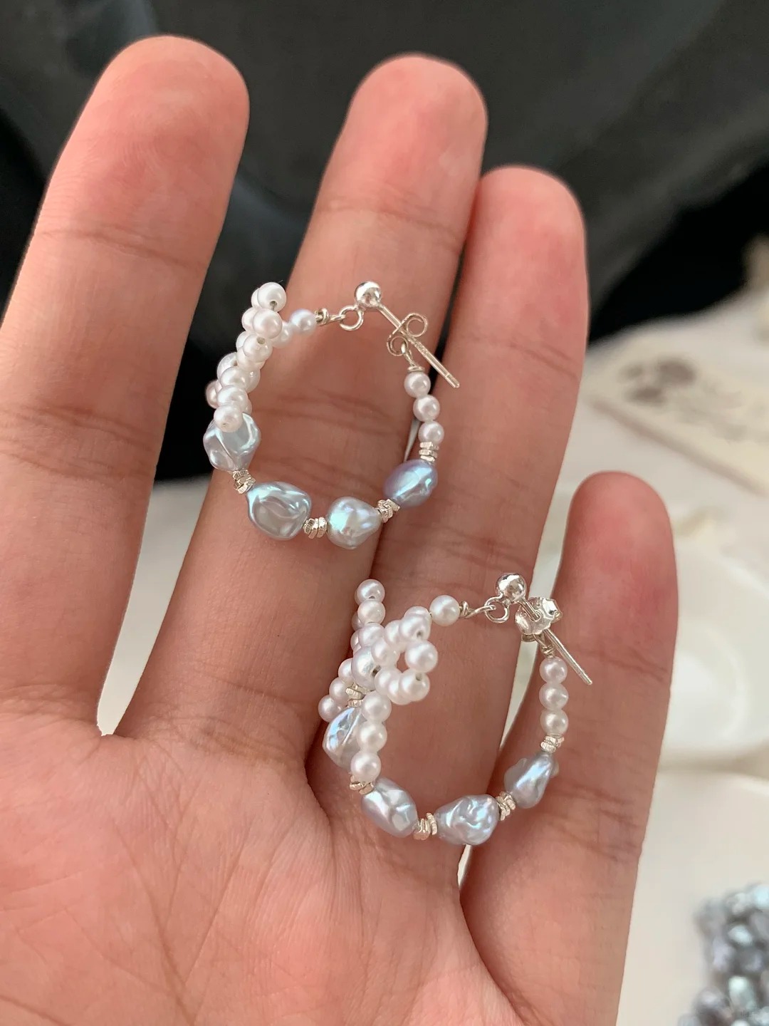Bow earrings natural pearl handmade simple daily date