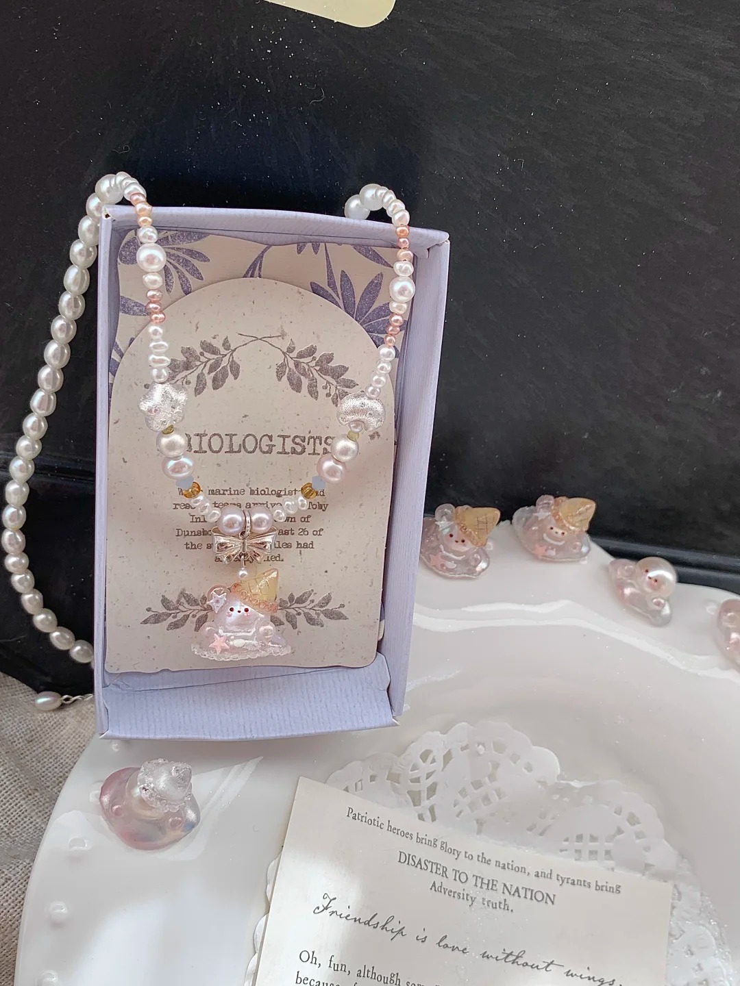 Little Bear Pendant Pearl Necklace Handmade Gift Daily Dating Simple