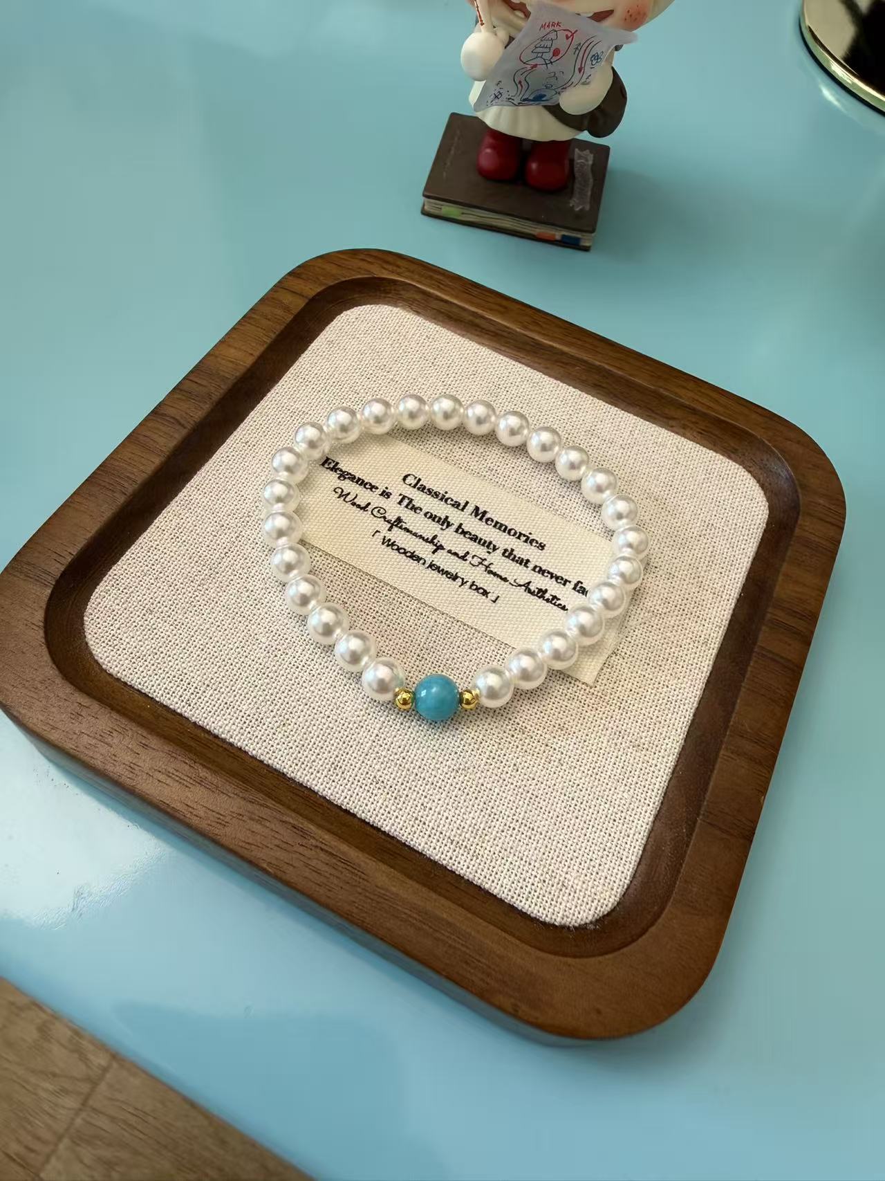 Natural Amazonite & White Pearl Stretch Bracelet, Dainty Minimalist Summer Jewelry for Women B305