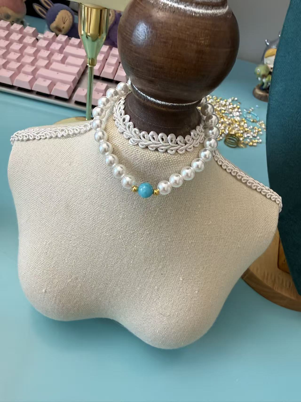 Natural Amazonite & White Pearl Stretch Bracelet, Dainty Minimalist Summer Jewelry for Women B305