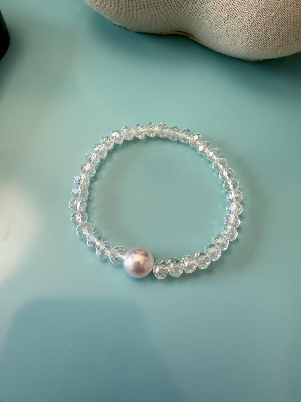 Clear Faceted Crystal & Light Pink Pearl Stretch Bracelet, Minimalist Summer Jewelry for Women B7