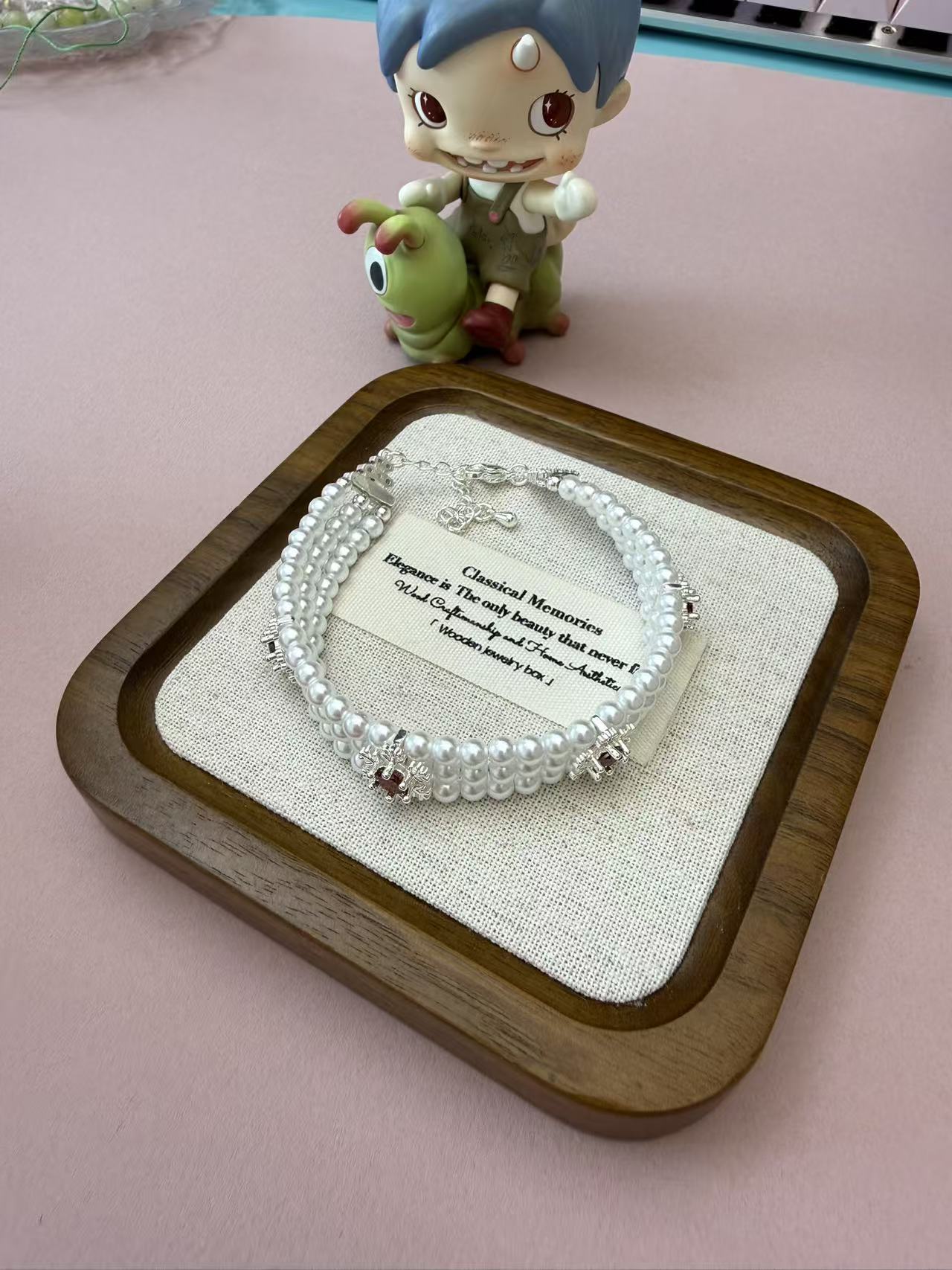 Triple Layer Pearl Bracelet with Red Crystal Accents - Adjustable Silver Chain  B306