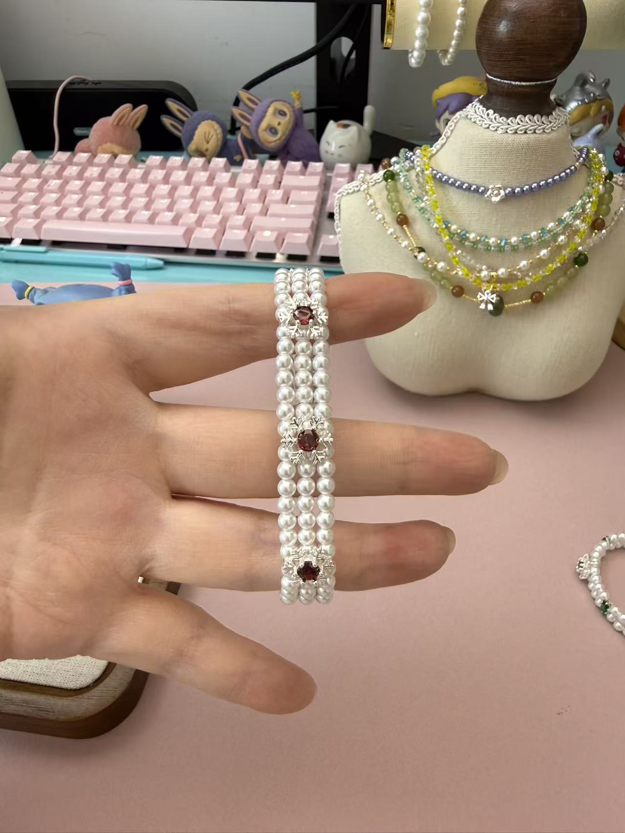 Triple Layer Pearl Bracelet with Red Crystal Accents - Adjustable Silver Chain  B306
