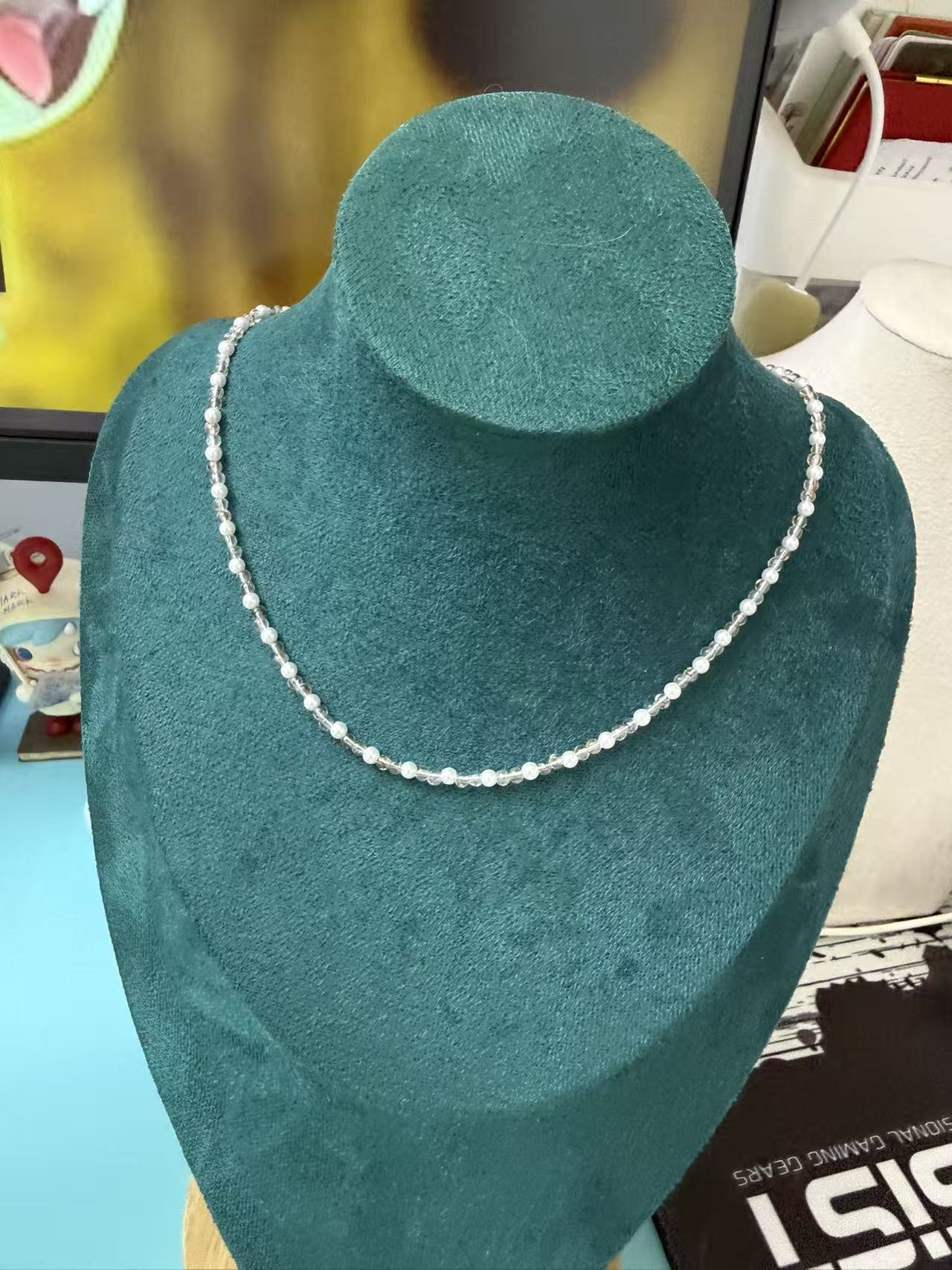 Delicate Clear Crystal & Pearl Beaded Necklace, Minimalist Dainty Choker for Women  N69
