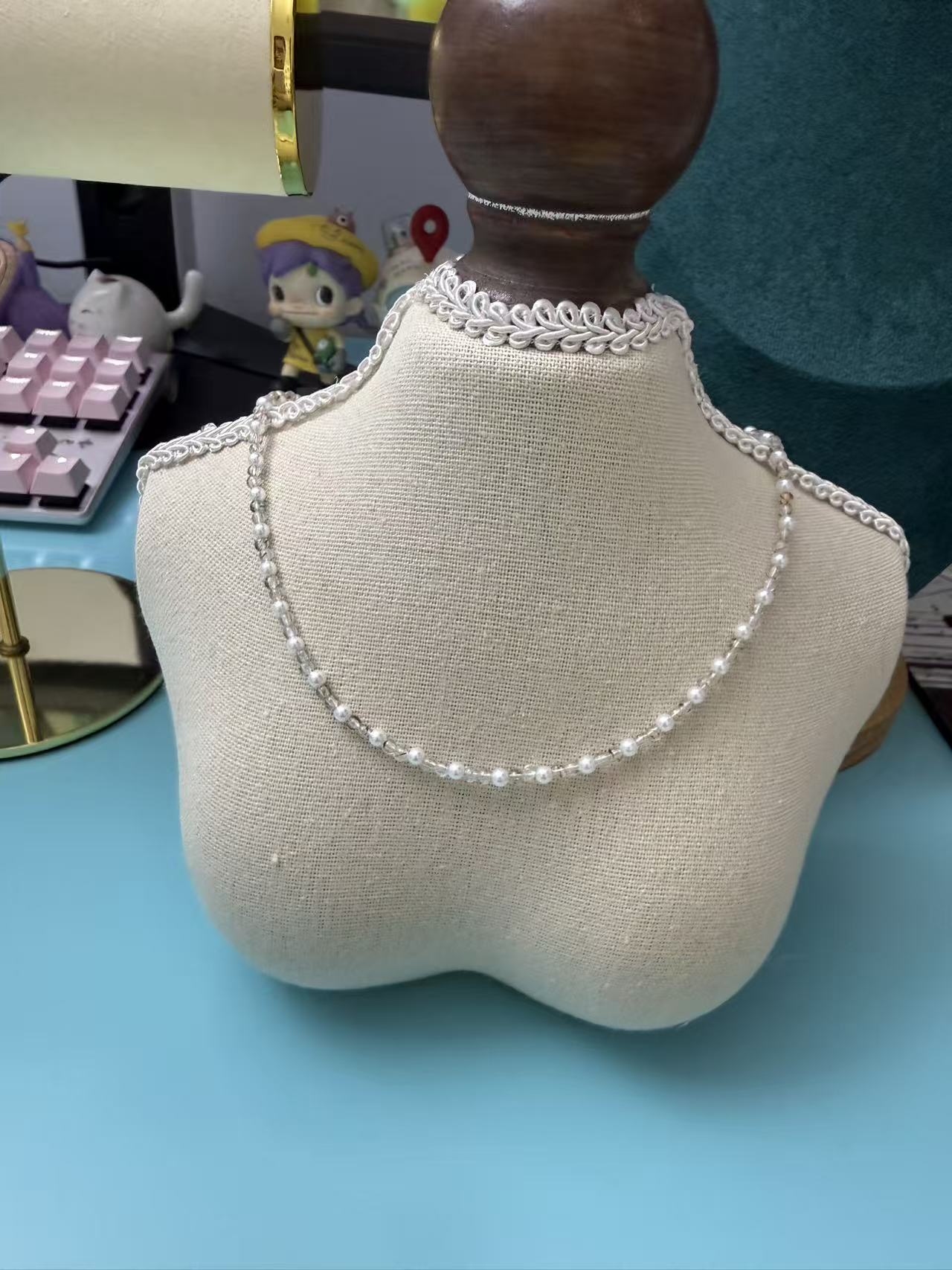 Delicate Clear Crystal & Pearl Beaded Necklace, Minimalist Dainty Choker for Women  N69