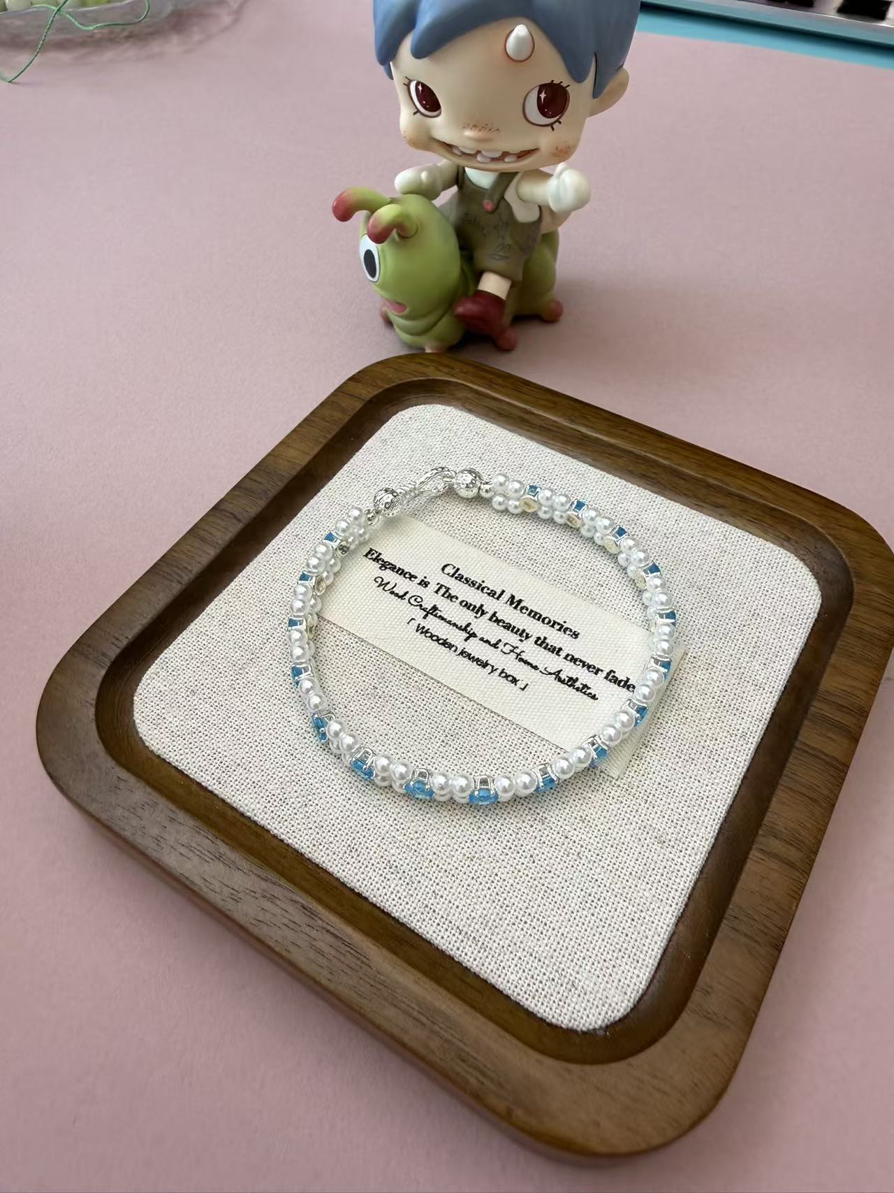Double Strand Pearl Bracelet with Aquamarine Blue CZ, Delicate Summer Jewelry for Women B307