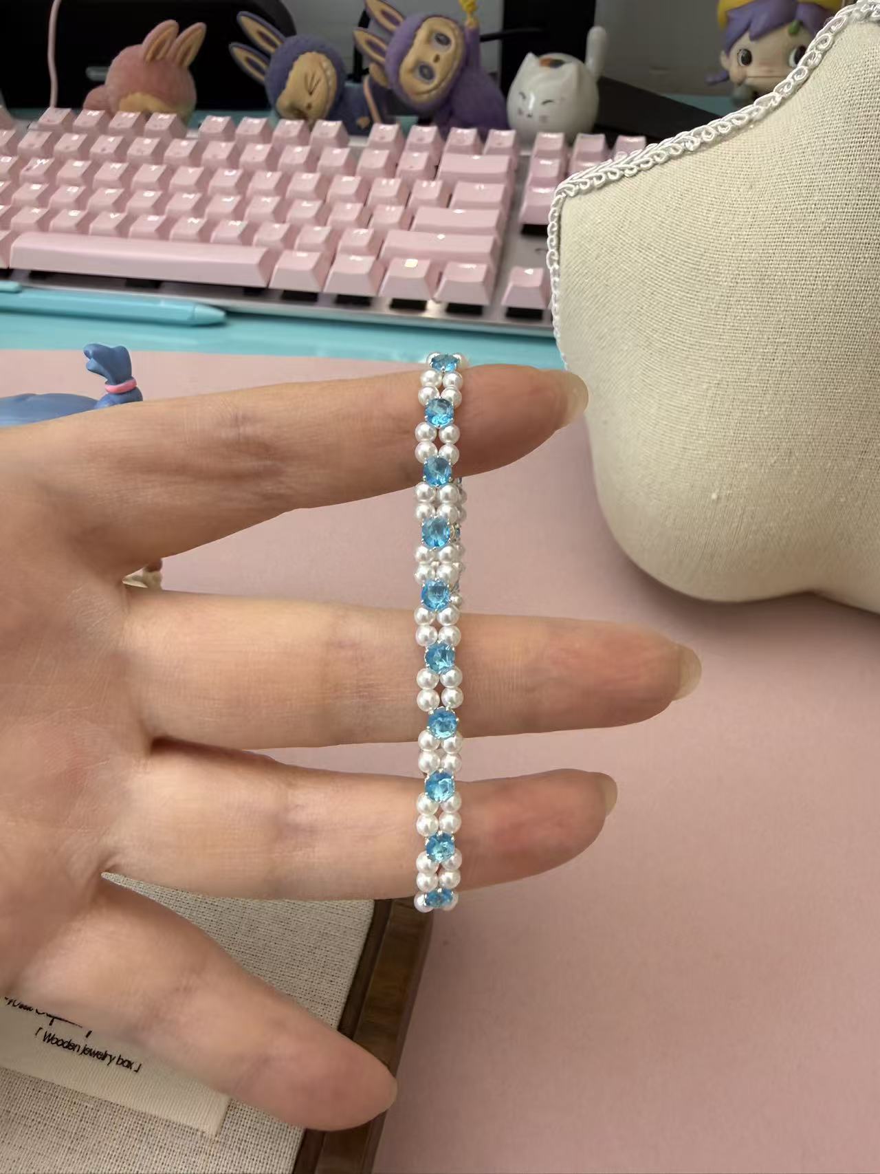 Double Strand Pearl Bracelet with Aquamarine Blue CZ, Delicate Summer Jewelry for Women B307