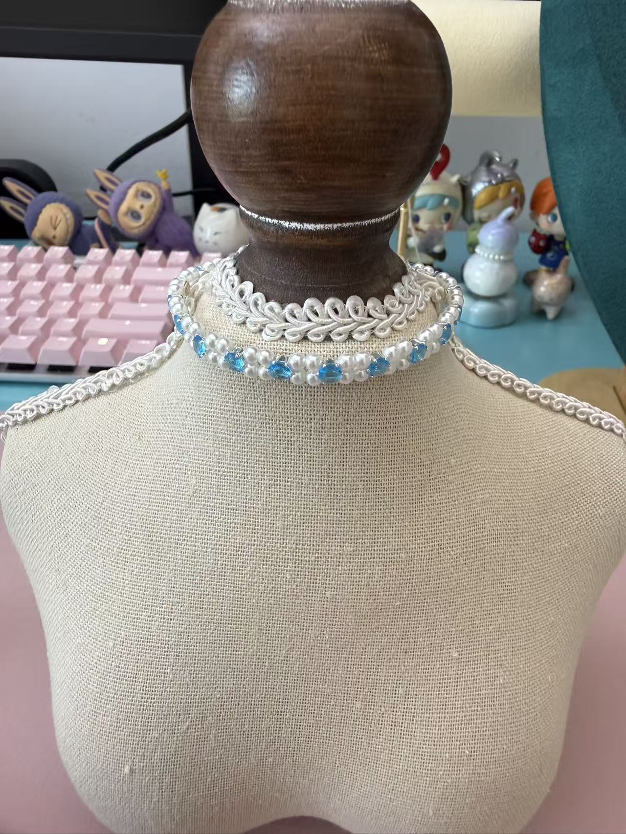 Double Strand Pearl Bracelet with Aquamarine Blue CZ, Delicate Summer Jewelry for Women B307