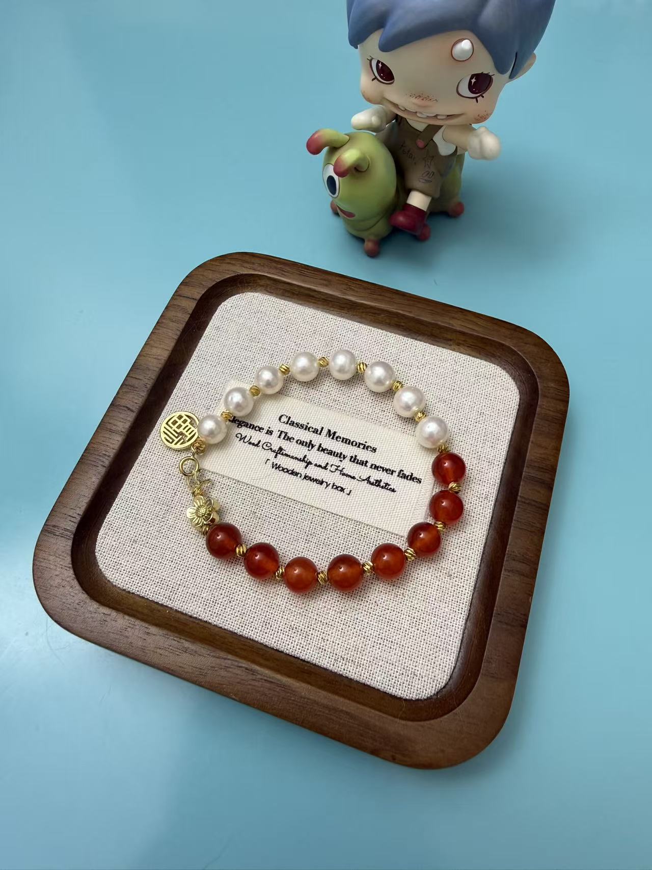 New Chinese Style Half Red Agate & Half Pearl Bracelet with Fu Charm, Adjustable OT Clasp Jewelry for Women  B172