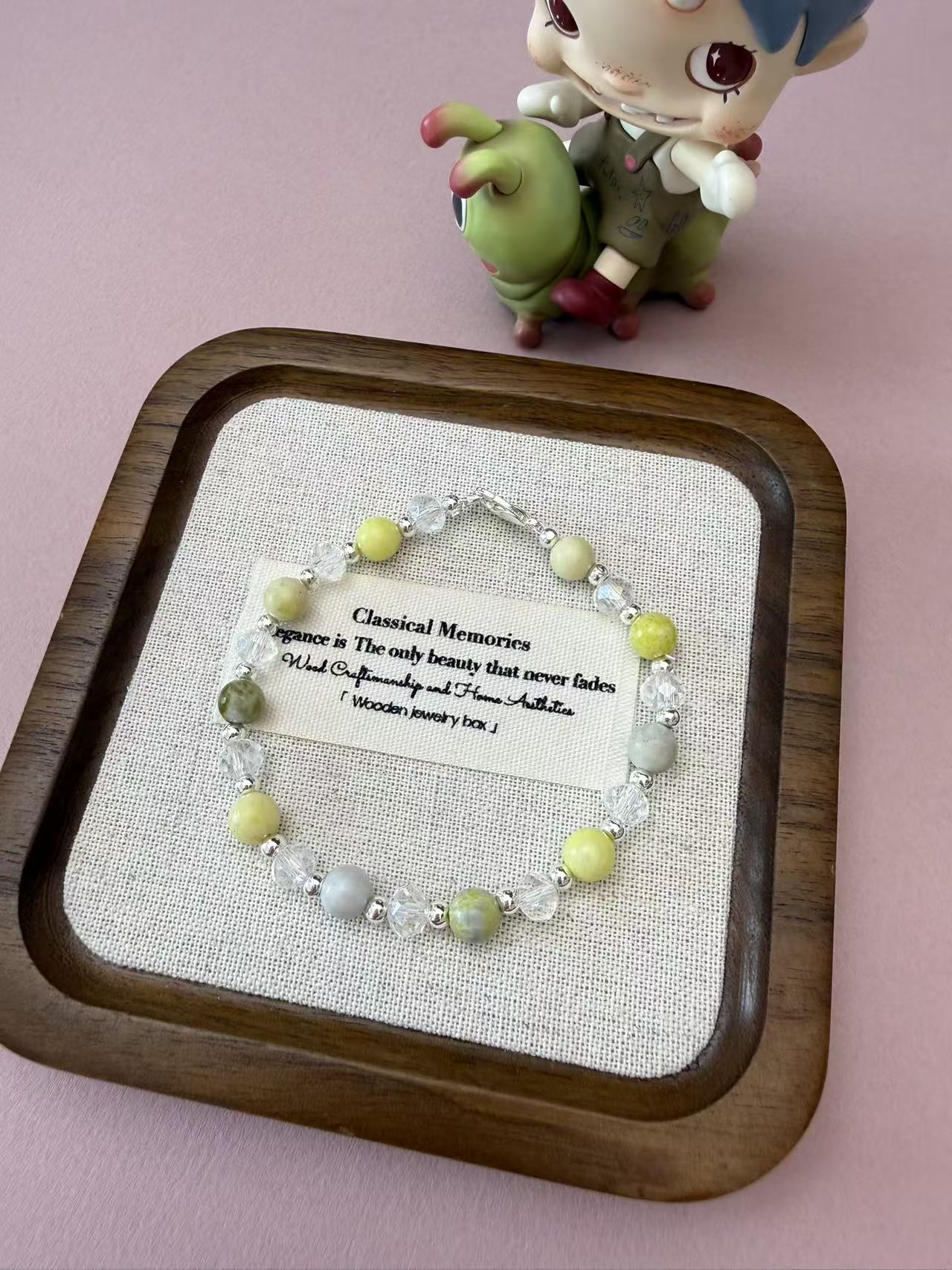 Handmade Yellow-Green Natural Stone & Clear Crystal Beaded Bracelet - Spring Aesthetic Boho Jewelry  B304