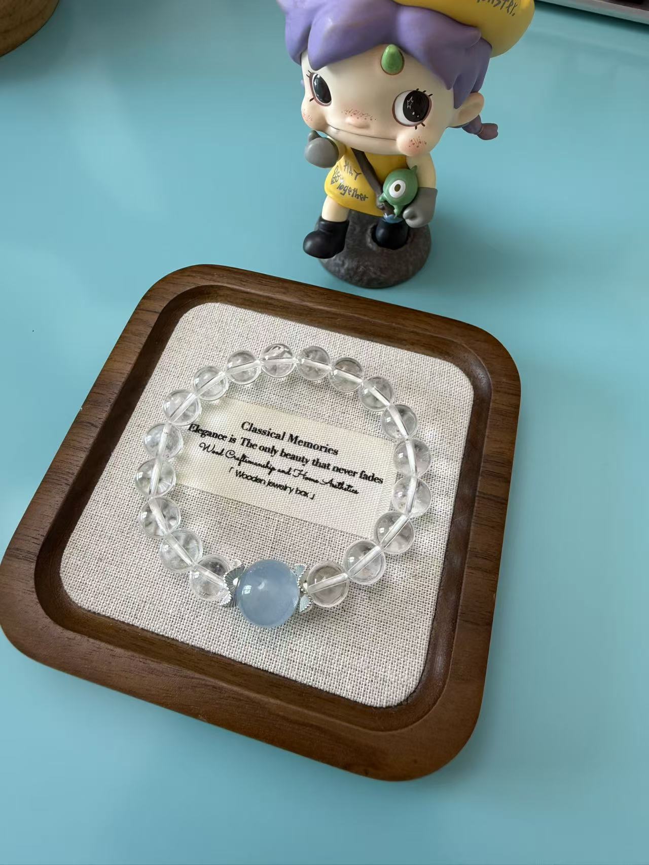 Natural Pink Chalcedony Skinny Bangle & Aquamarine Clear Quartz Beaded Bracelet Set, Dainty Gemstone Stackable Jewelry  B310