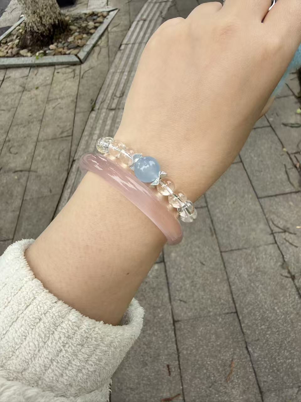 Natural Pink Chalcedony Skinny Bangle & Aquamarine Clear Quartz Beaded Bracelet Set, Dainty Gemstone Stackable Jewelry  B310