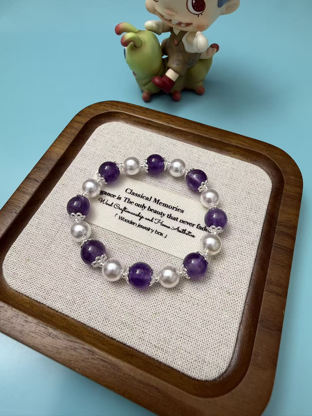Natural Amethyst & Freshwater Pearl Beaded Bracelet with Silver Plated Floral Spacers, Dainty Gemstone Jewelry for Women B285