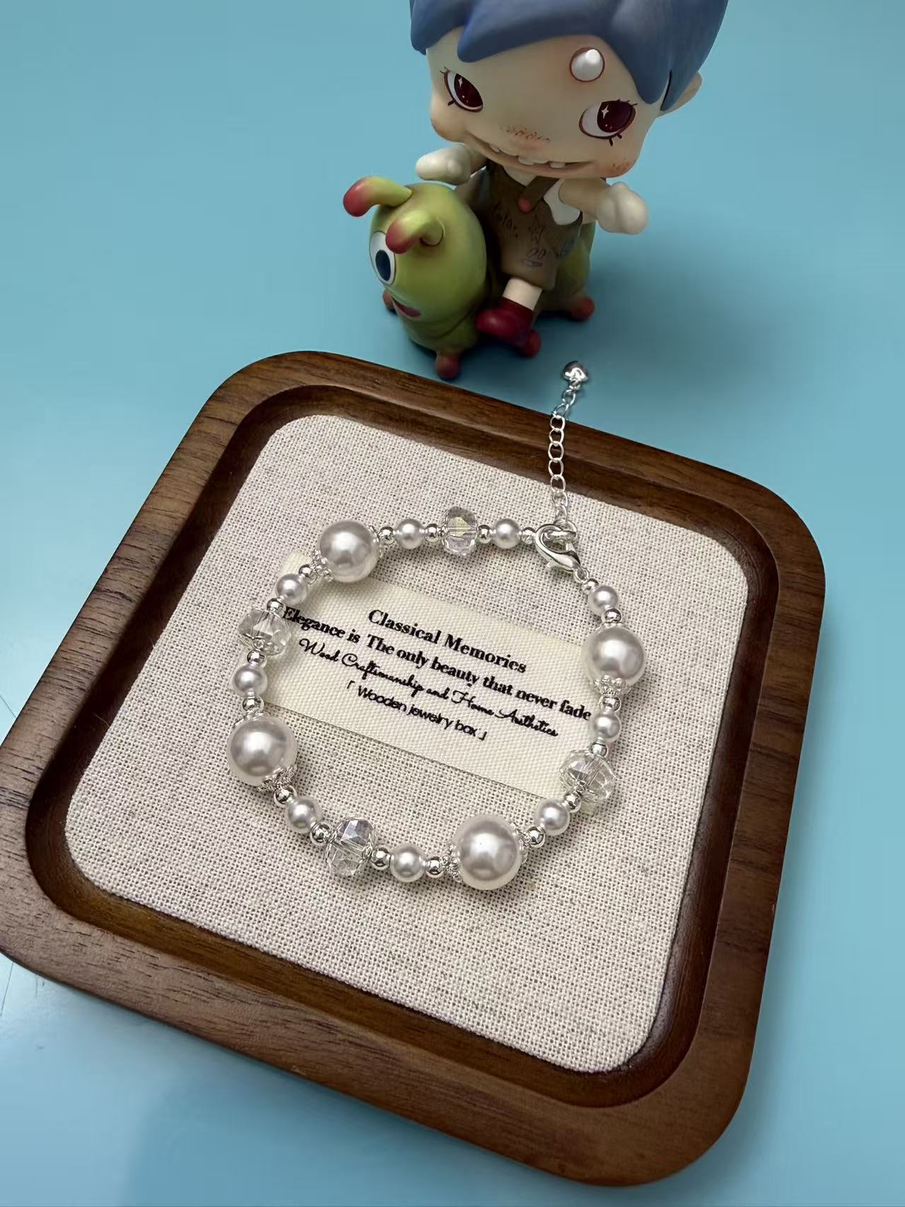 Adjustable Silver Pearl Bracelet with Clear Crystal Accents - Elegant Minimalist Jewelry for Women B297