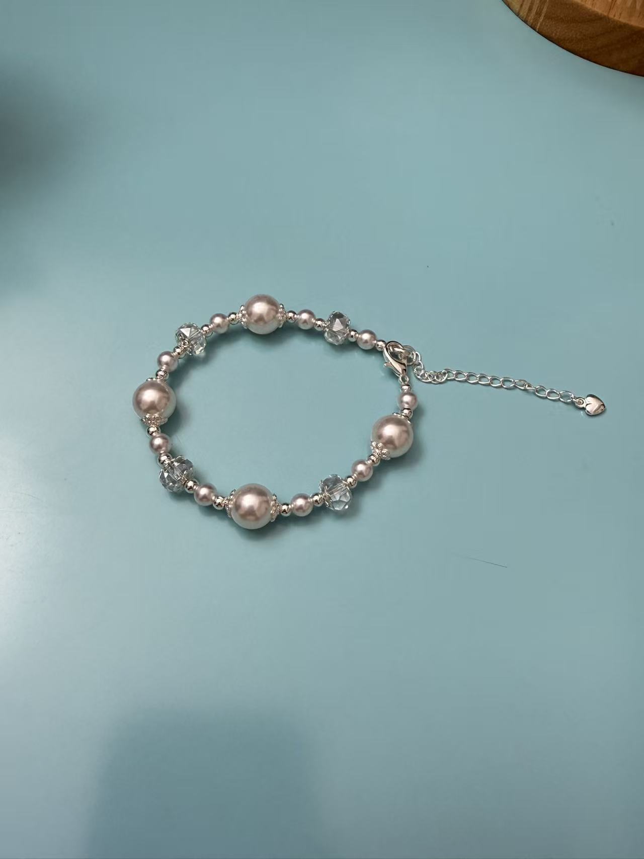 Adjustable Silver Pearl Bracelet with Clear Crystal Accents - Elegant Minimalist Jewelry for Women B297