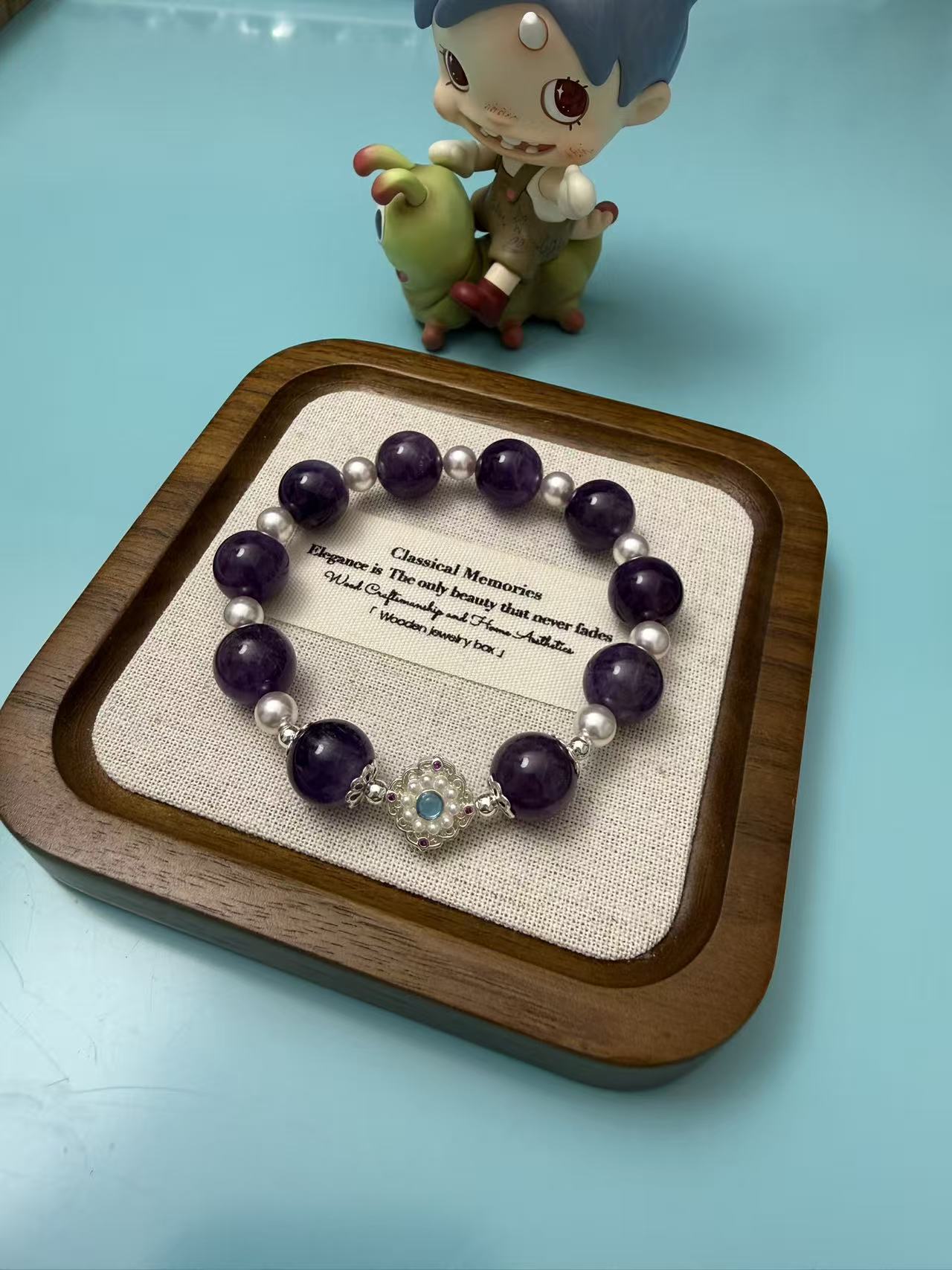 Natural Amethyst & Freshwater Pearl Beaded Bracelet with Silver Plated Blue Zircon Charm B295