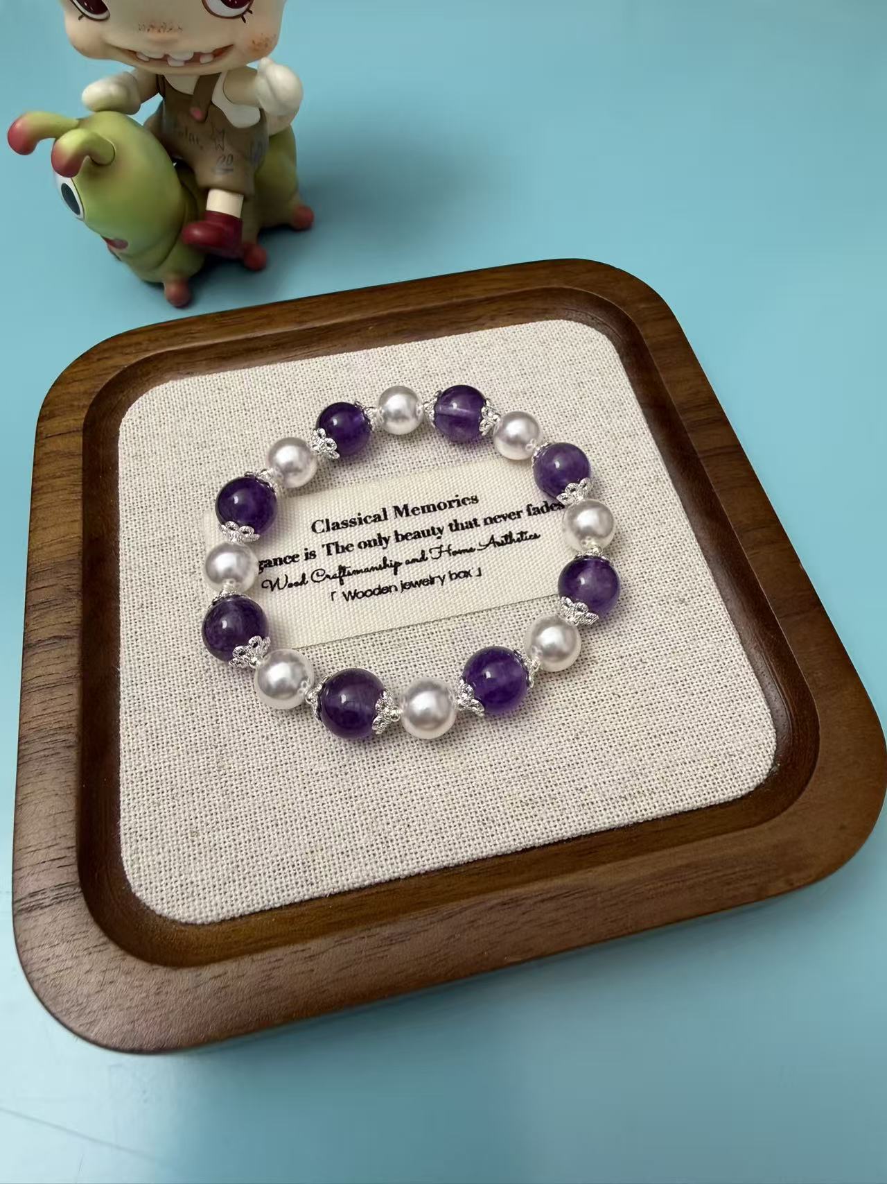 Natural Amethyst & Freshwater Pearl Beaded Bracelet with Silver Plated Floral Spacers, Dainty Gemstone Jewelry for Women B285