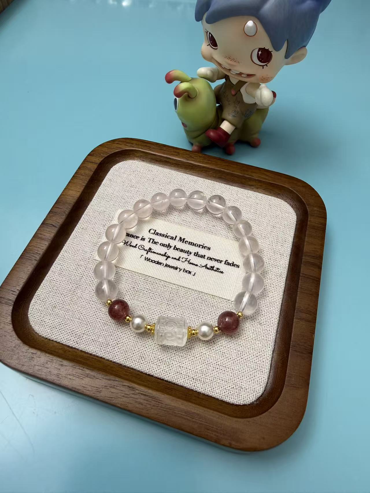 Natural Clear Quartz Beaded Bracelet with Strawberry Quartz, Freshwater Pearl & Carved Square Charm, Gold-Plated Adjustable Jewelry for Women B294
