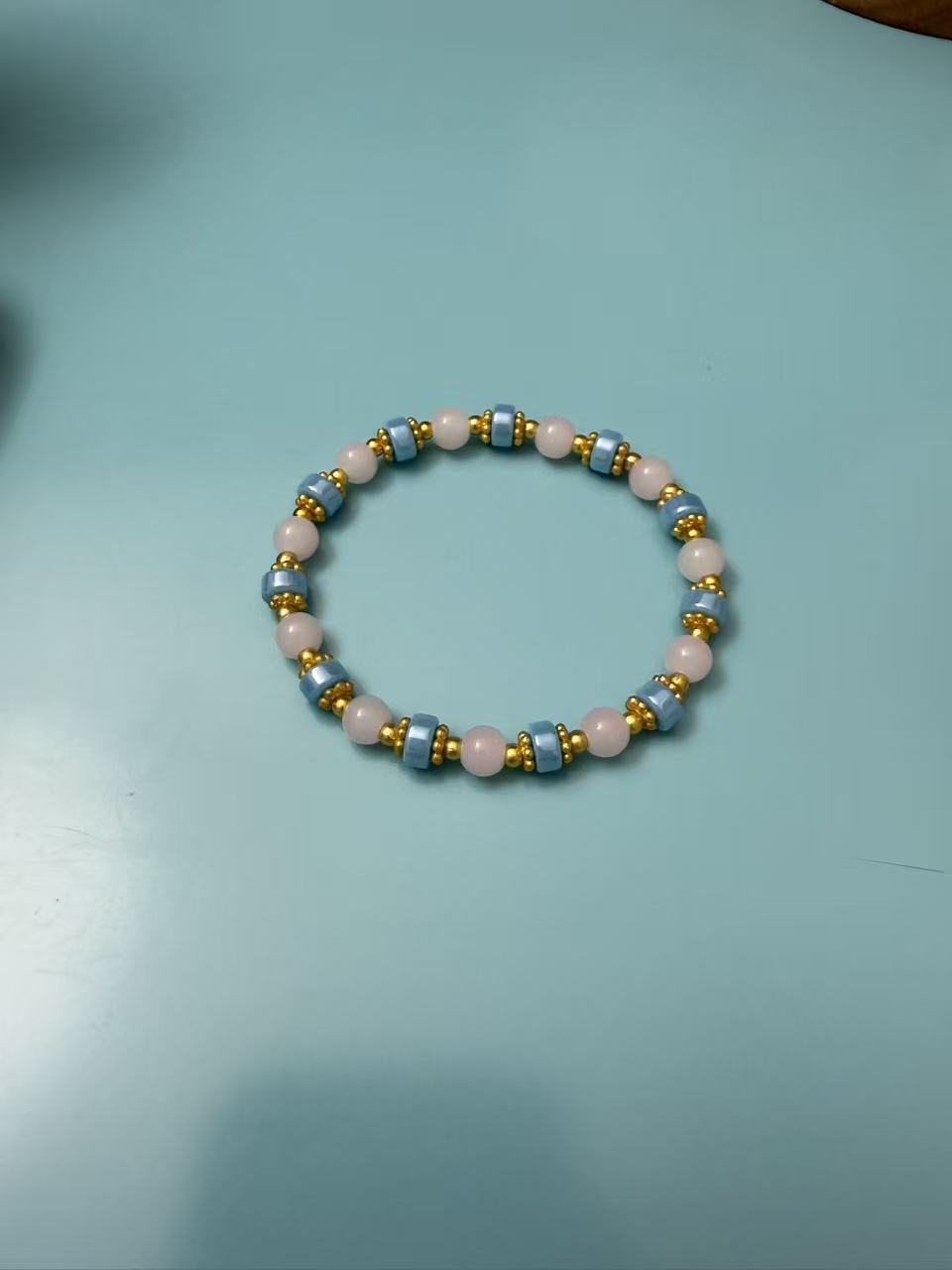 Dainty Pink & Light Blue Beaded Bracelet with Gold Spacers | Stackable Daily Wear Jewelry B286