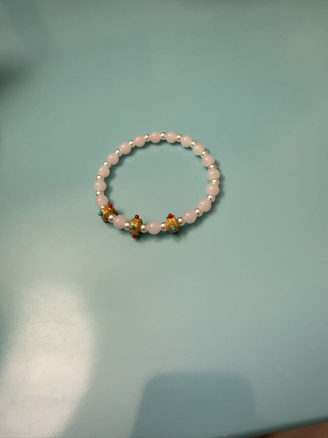 Soft Pink Crystal Bracelet with Vintage Gold Accents | New Chinese Style Stackable Jewelry B289