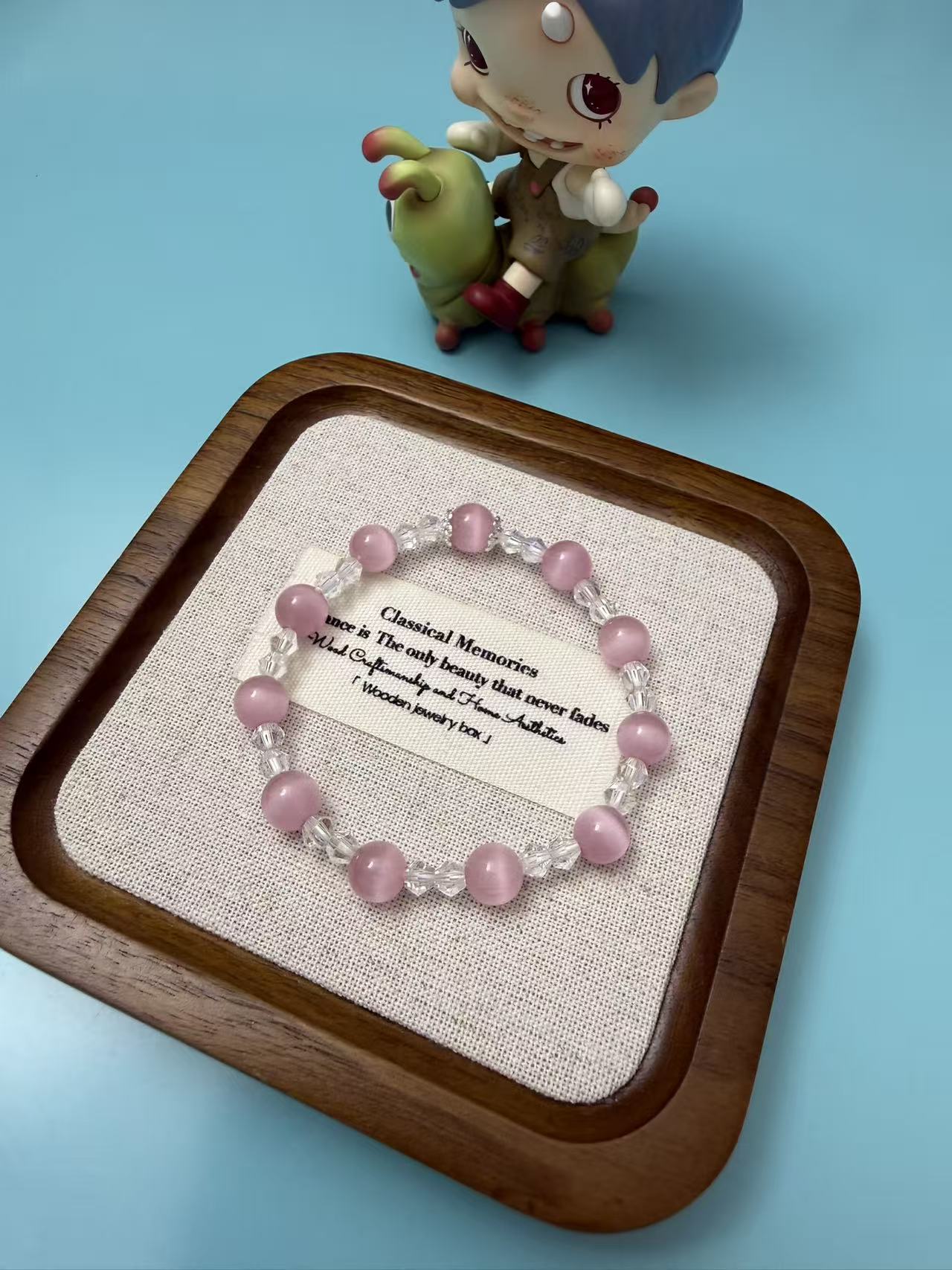 Pink Cat's Eye & Clear Faceted Crystal Stretch Bracelet B287