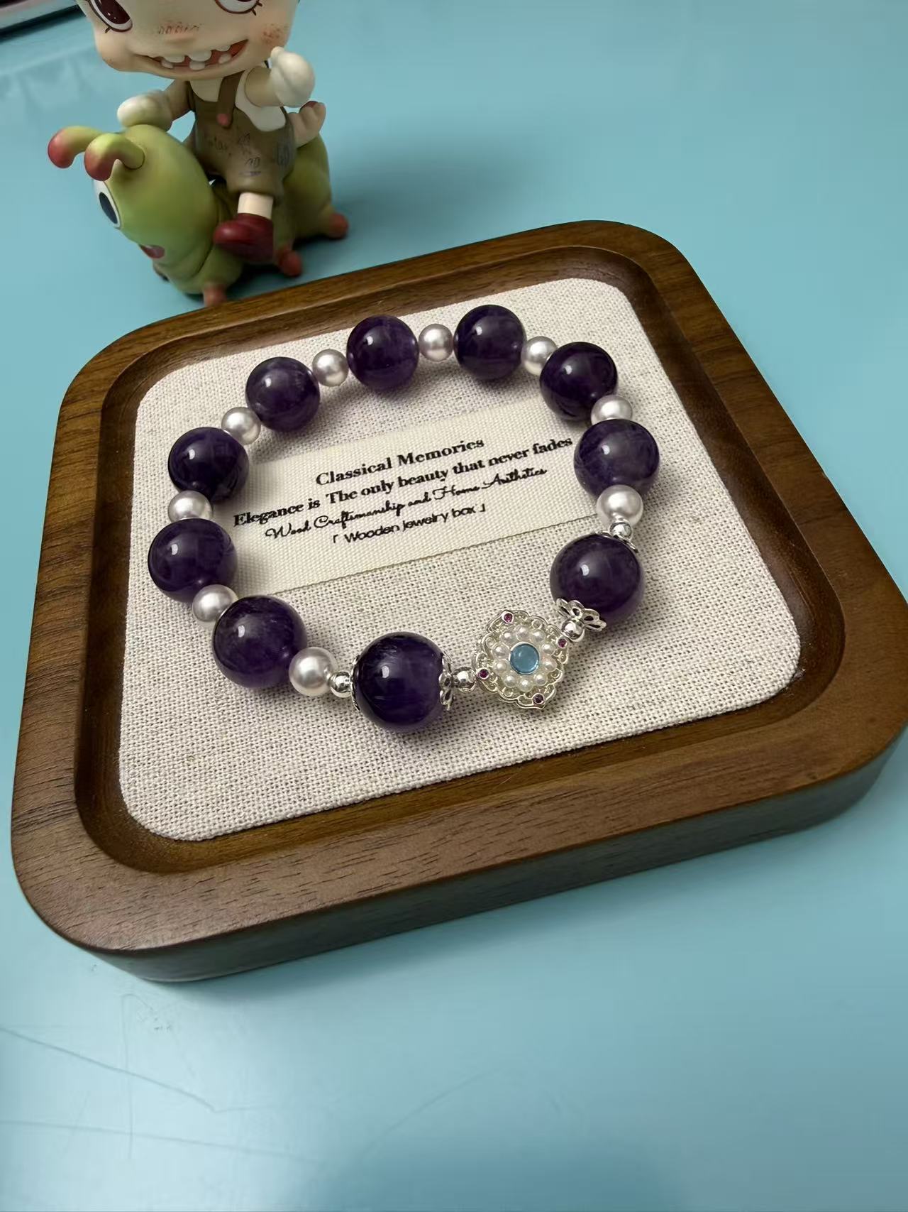 Natural Amethyst & Freshwater Pearl Beaded Bracelet with Silver Plated Blue Zircon Charm B295