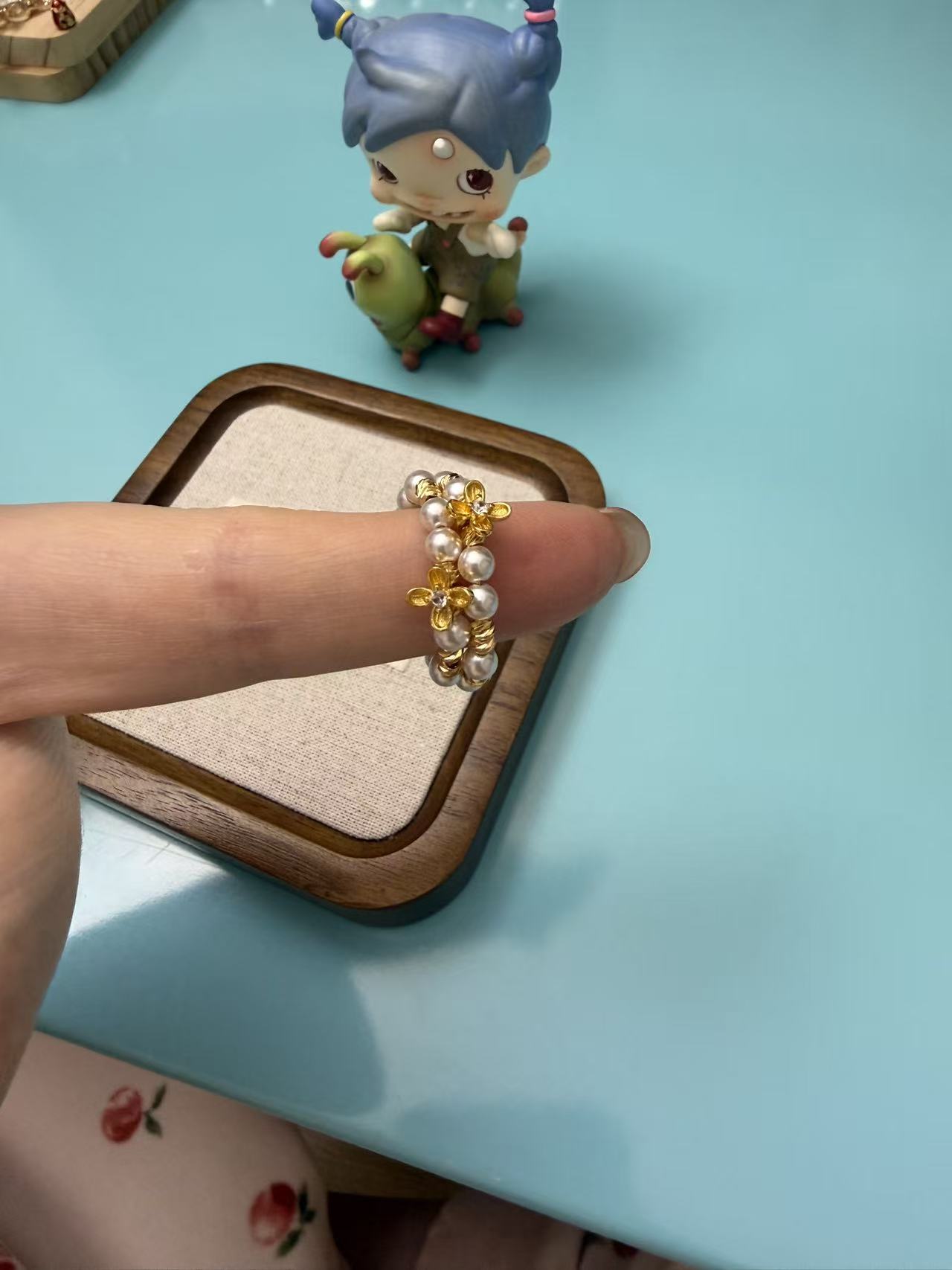 Dainty Faux Pearl Stretch Ring with Gold Flower & CZ Accent, Adjustable Stackable Ring R01