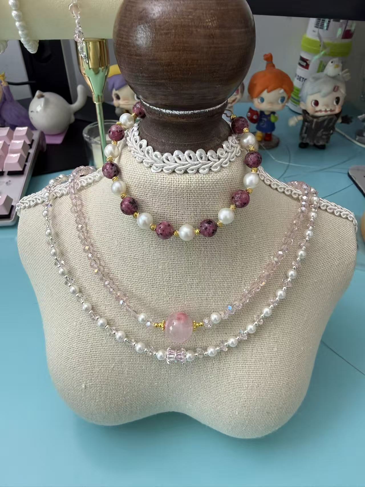 Natural Rhodonite & Freshwater Pearl Beaded Bracelet, Gold Plated Adjustable Dainty Jewelry for WomeB29