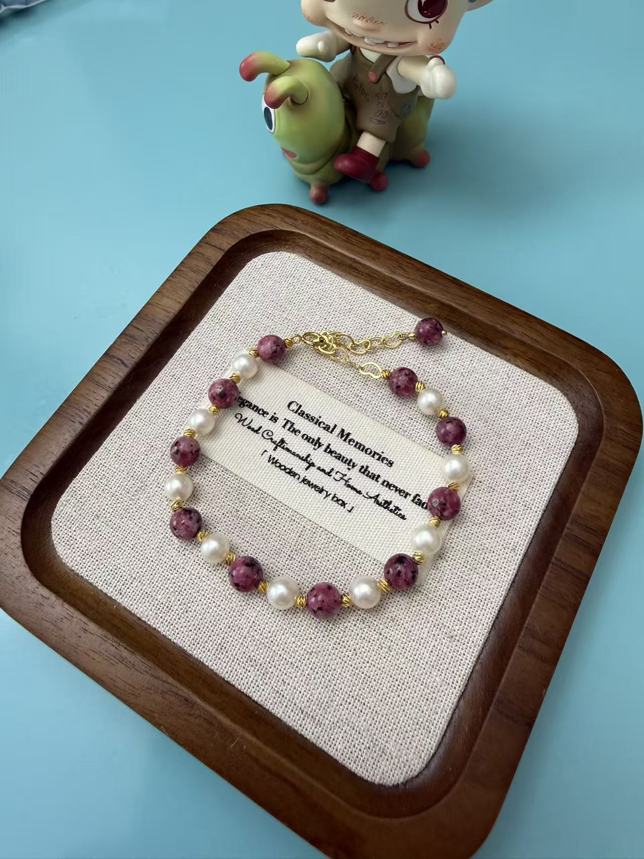 Natural Rhodonite & Freshwater Pearl Beaded Bracelet, Gold Plated Adjustable Dainty Jewelry for WomeB29