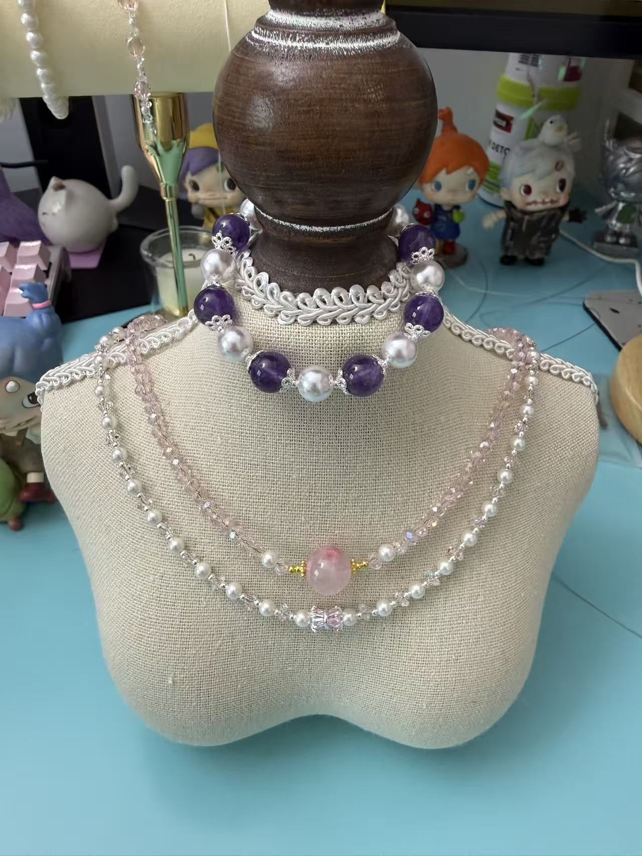Natural Amethyst & Freshwater Pearl Beaded Bracelet with Silver Plated Floral Spacers, Dainty Gemstone Jewelry for Women B285