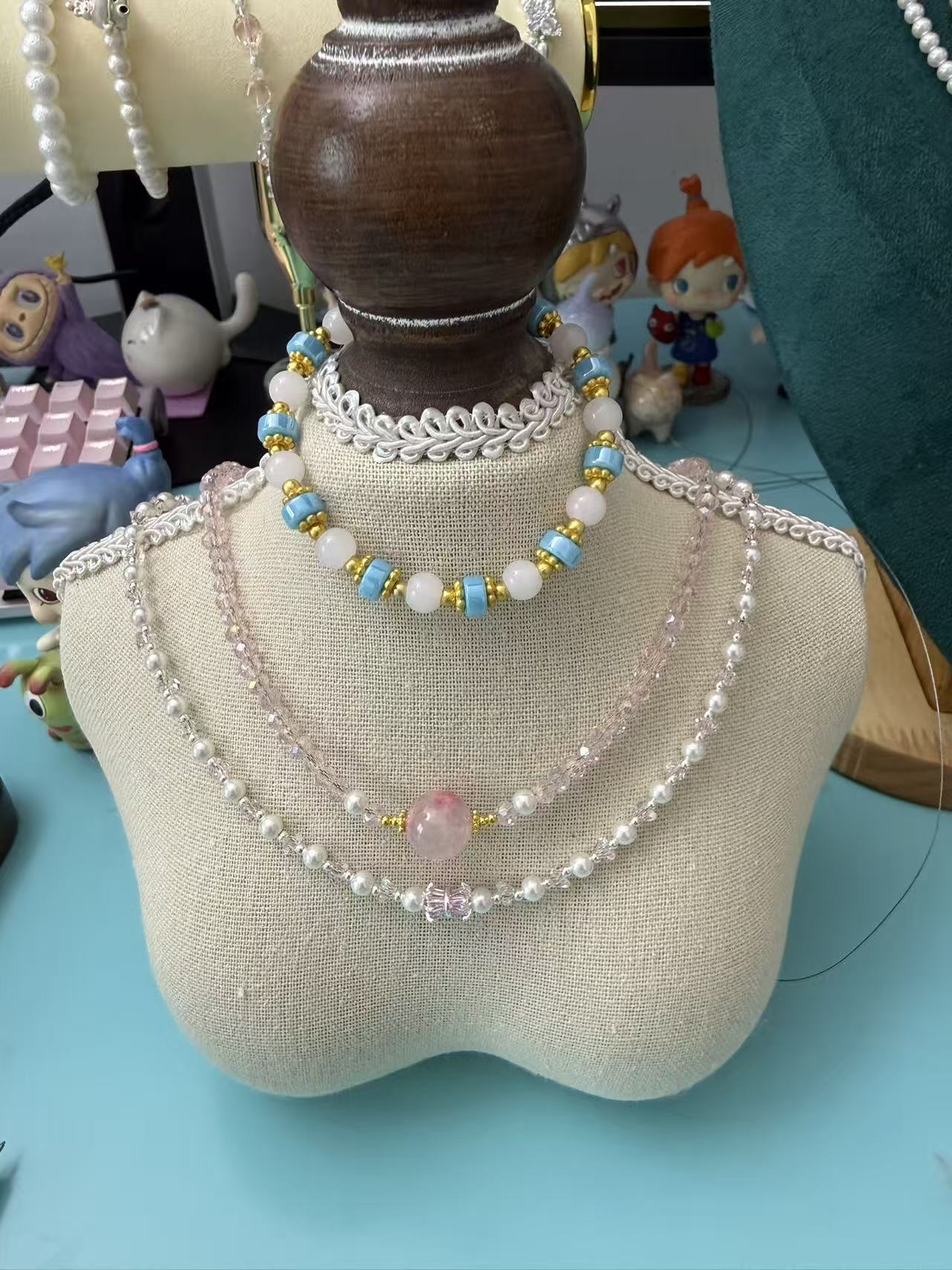 Dainty Pink & Light Blue Beaded Bracelet with Gold Spacers | Stackable Daily Wear Jewelry B286