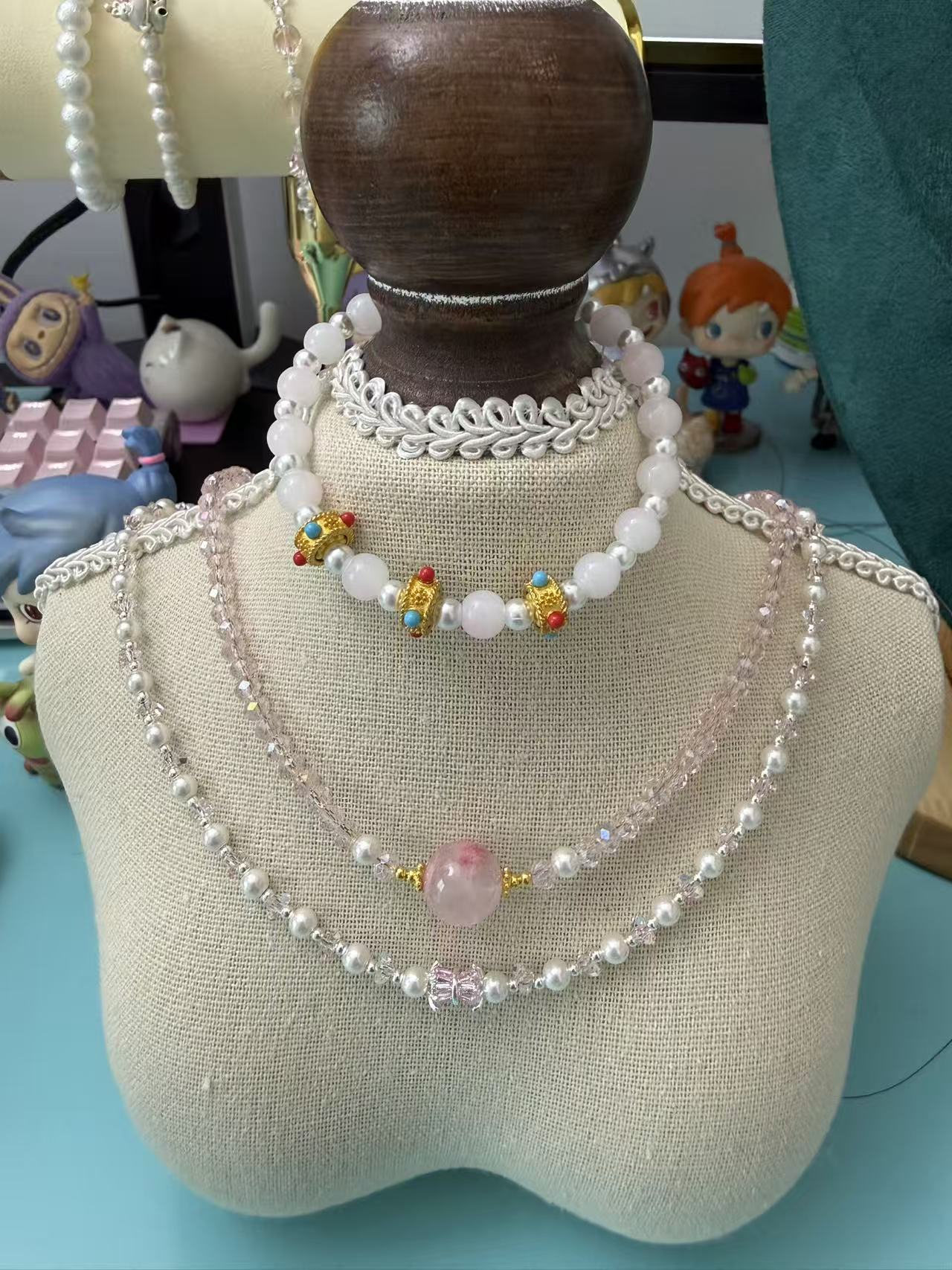 Soft Pink Crystal Bracelet with Vintage Gold Accents | New Chinese Style Stackable Jewelry B289