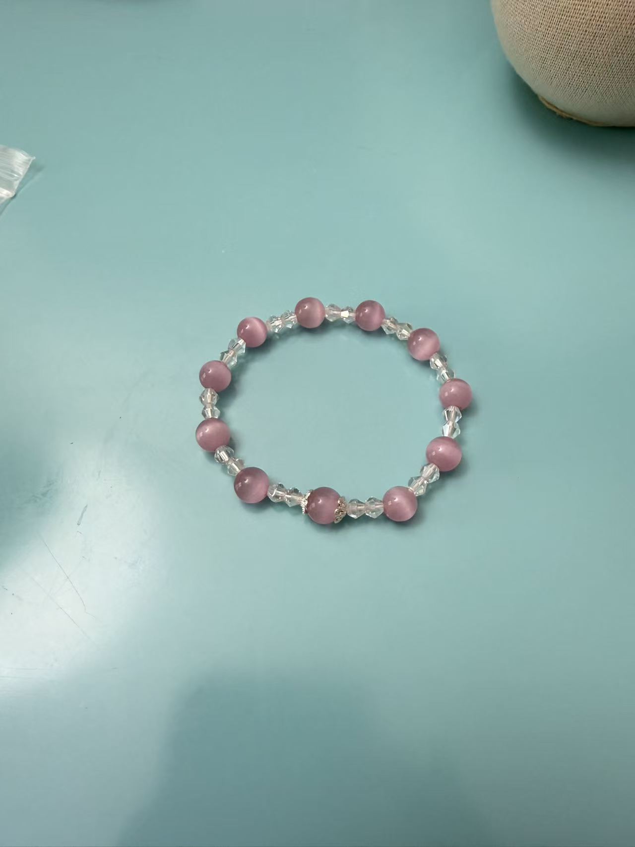 Pink Cat's Eye & Clear Faceted Crystal Stretch Bracelet B287