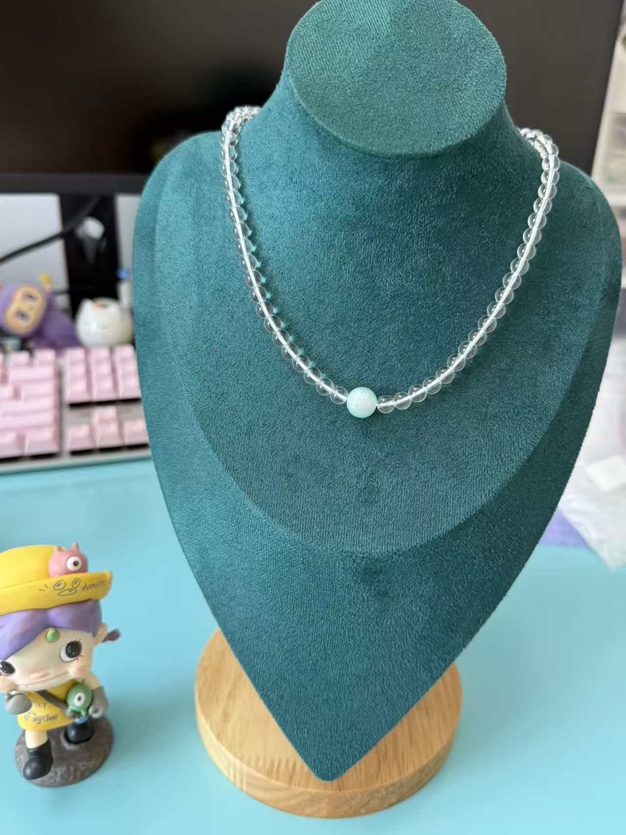Double Wrap Clear Glass Beaded Bracelet with Light Blue Accent - Convertible to Necklace B89