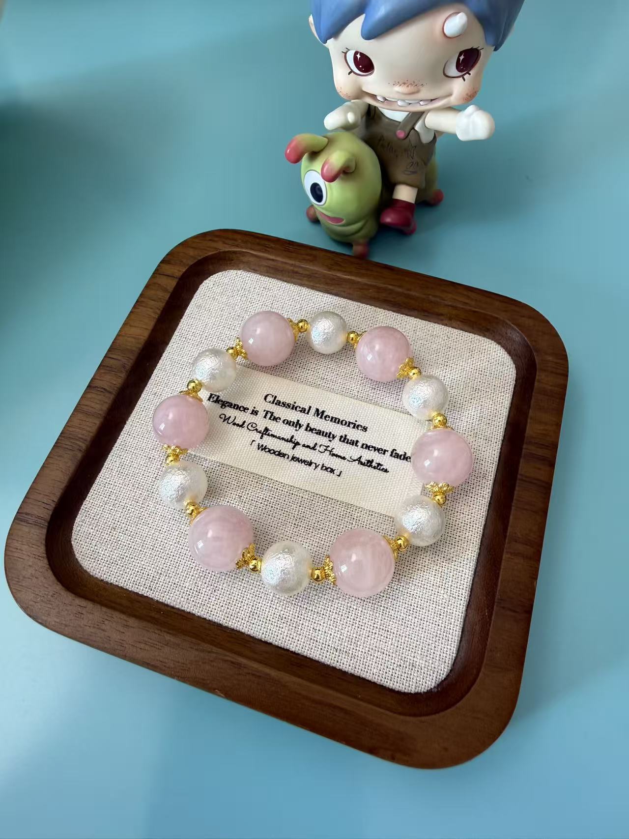 Natural Rose Quartz & Silver Beaded Stretch Bracelet with Gold Spacers B293