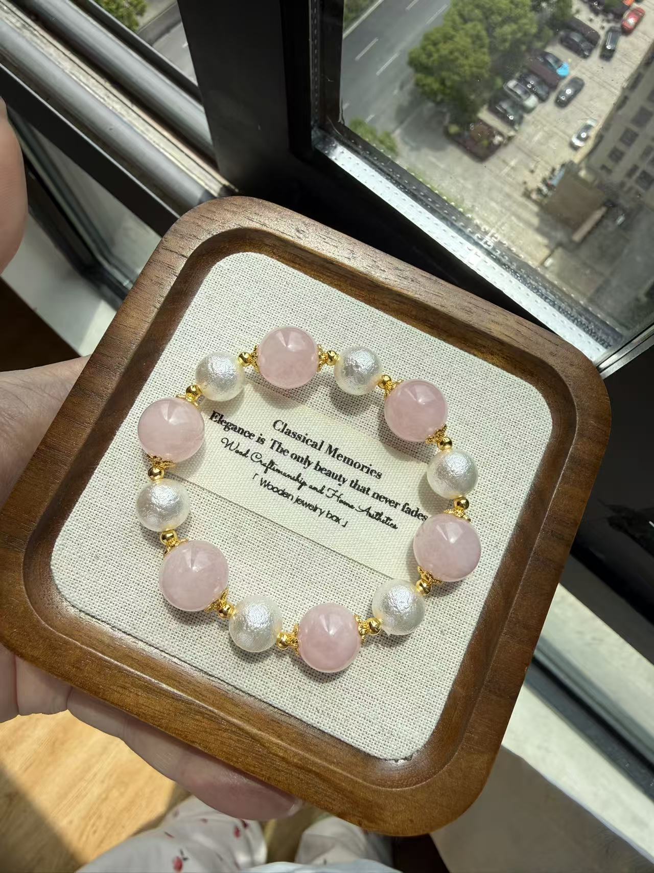 Natural Rose Quartz & Silver Beaded Stretch Bracelet with Gold Spacers B293