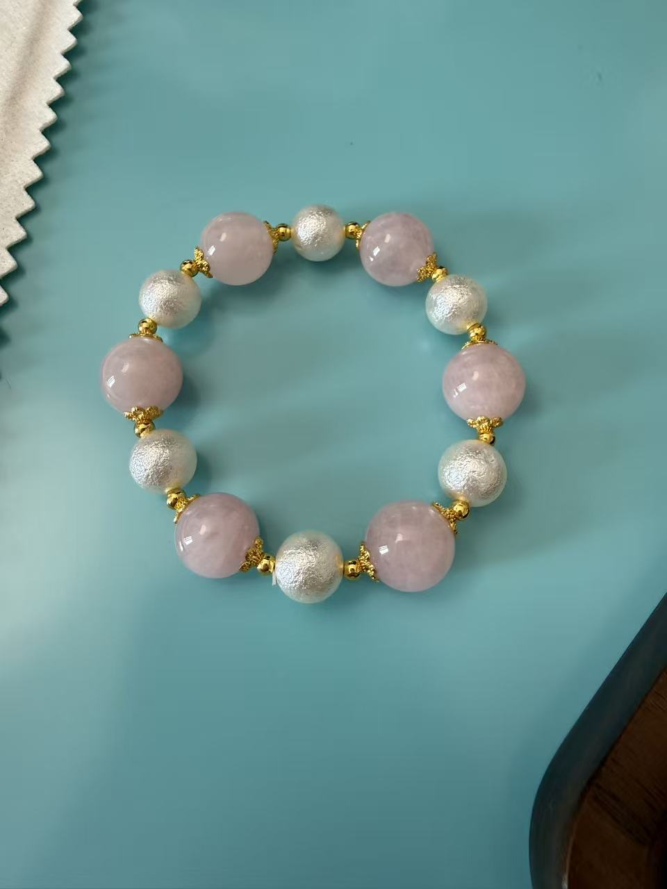 Natural Rose Quartz & Silver Beaded Stretch Bracelet with Gold Spacers B293