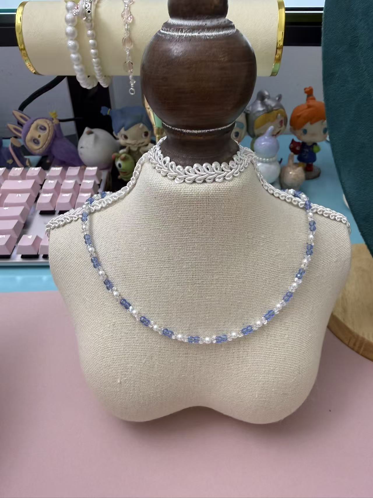 Dainty Blue Crystal & Tiny Pearl Beaded Choker Necklace | Adjustable Gold Clasp Collarbone Chain for Women N84