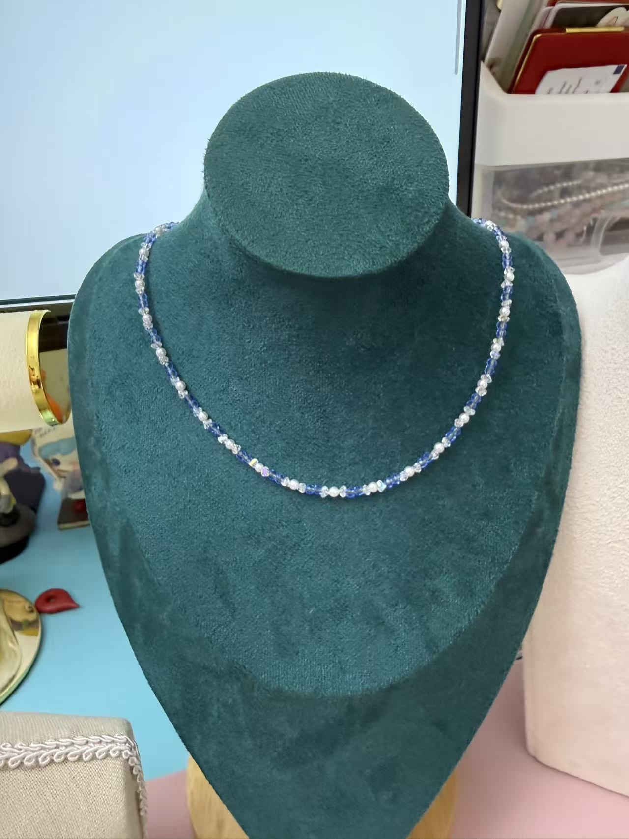 Dainty Blue Crystal & Tiny Pearl Beaded Choker Necklace | Adjustable Gold Clasp Collarbone Chain for Women N84