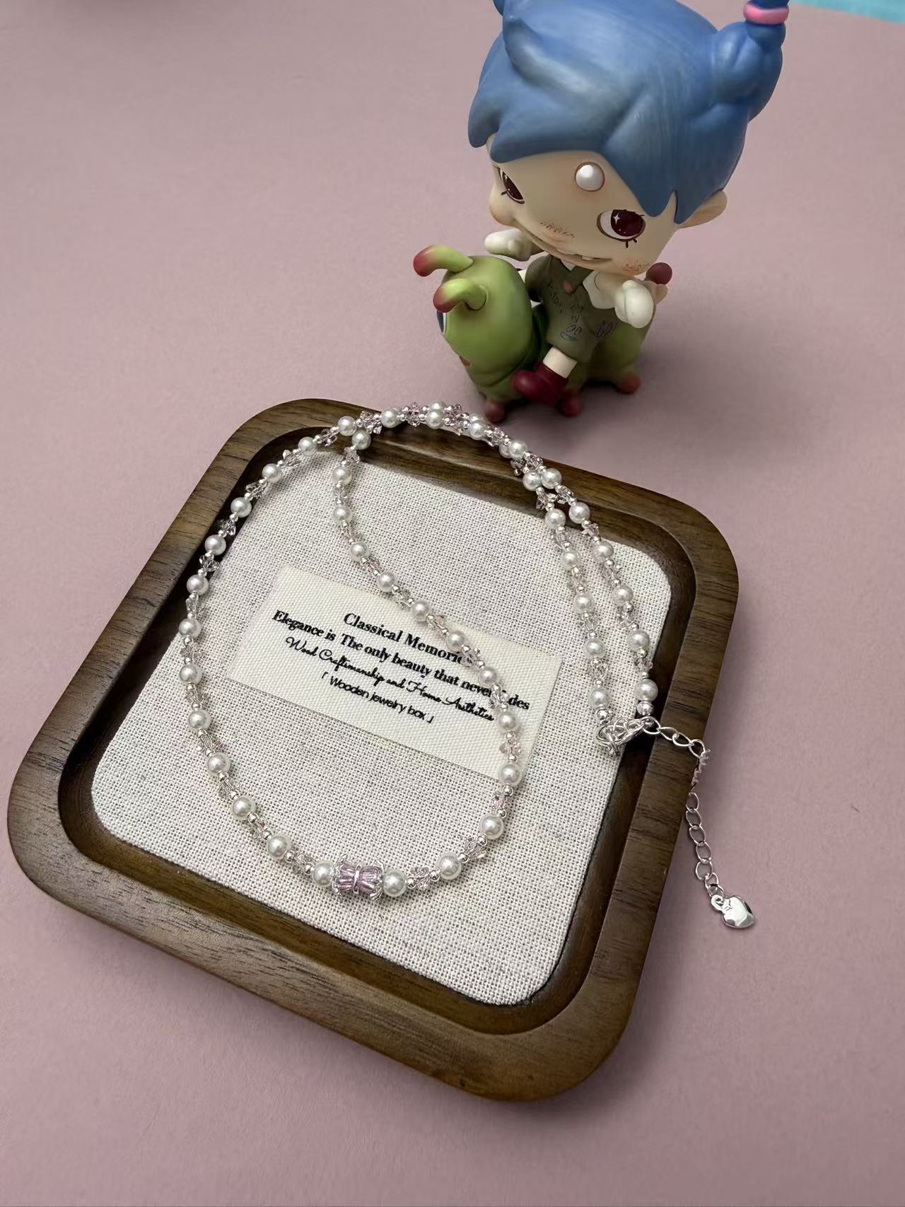 Dainty Imitation Pearl & Clear Faceted Crystal Beaded Choker Necklace, Silver Plated Minimalist Jewelry N86