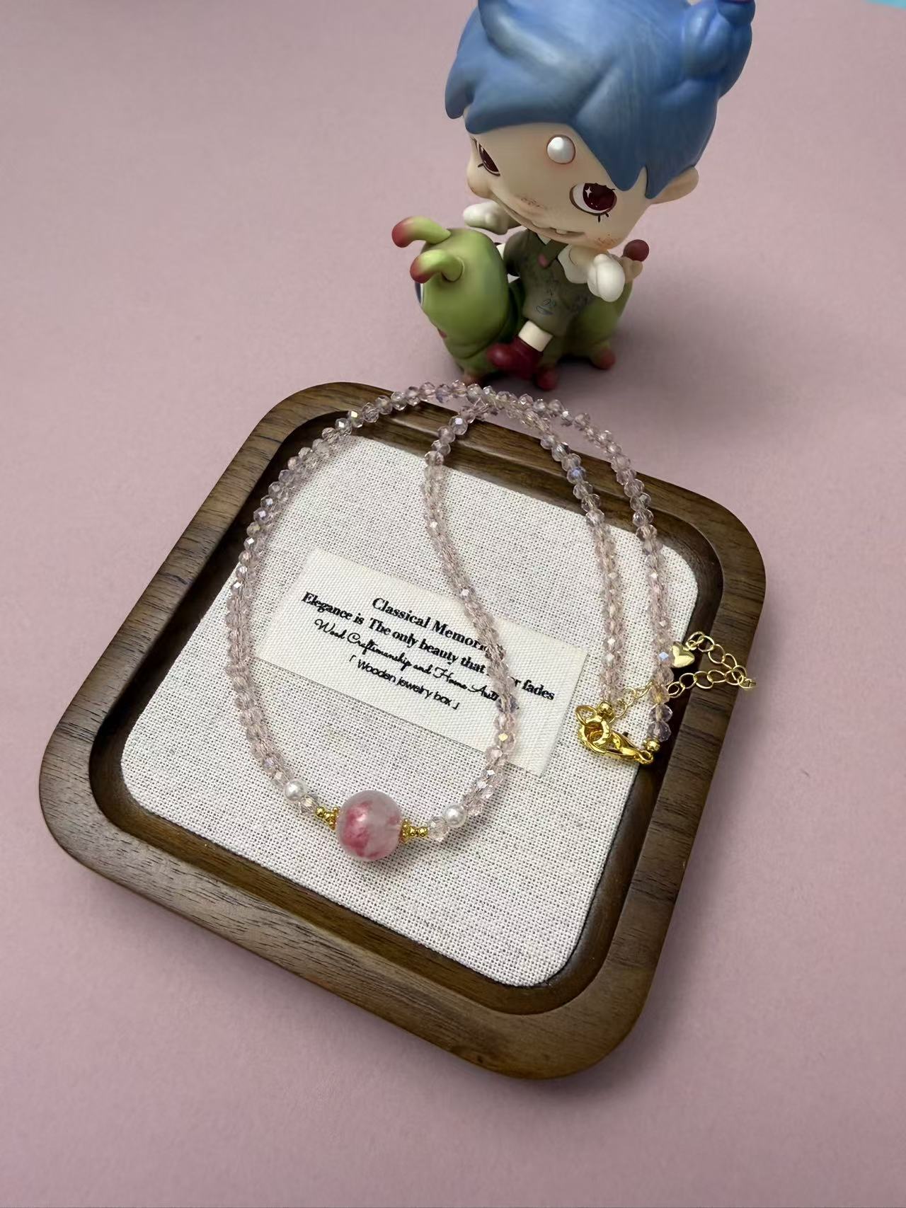 Dainty Pink Crystal Choker Necklace with Cherry Blossom Rain Rhodonite & Pearl Accents N80