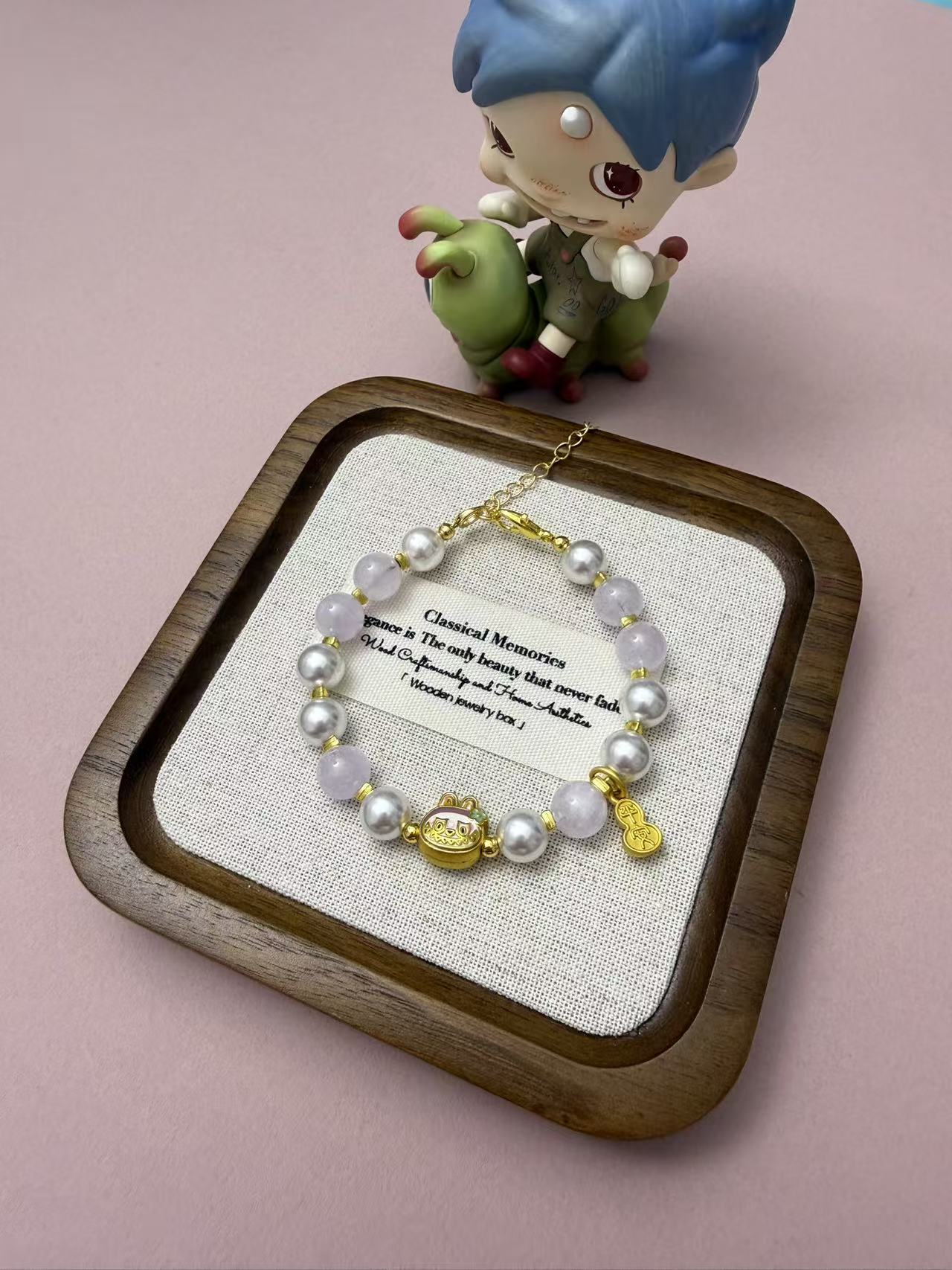 New Chinese Style Light Purple Jade & Pearl Beaded Bracelet with Gold Lucky Cat & Gourd Charms, Adjustable B322