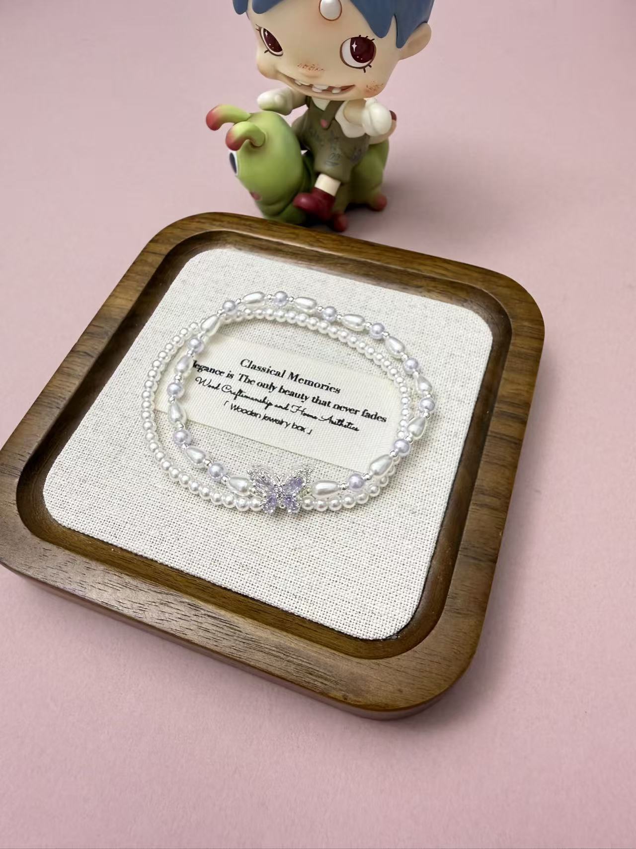 Double Layer Imitation Pearl Bracelet with Purple Crystal Butterfly Charm, Dainty Stackable Wrist Jewelry for Women B317