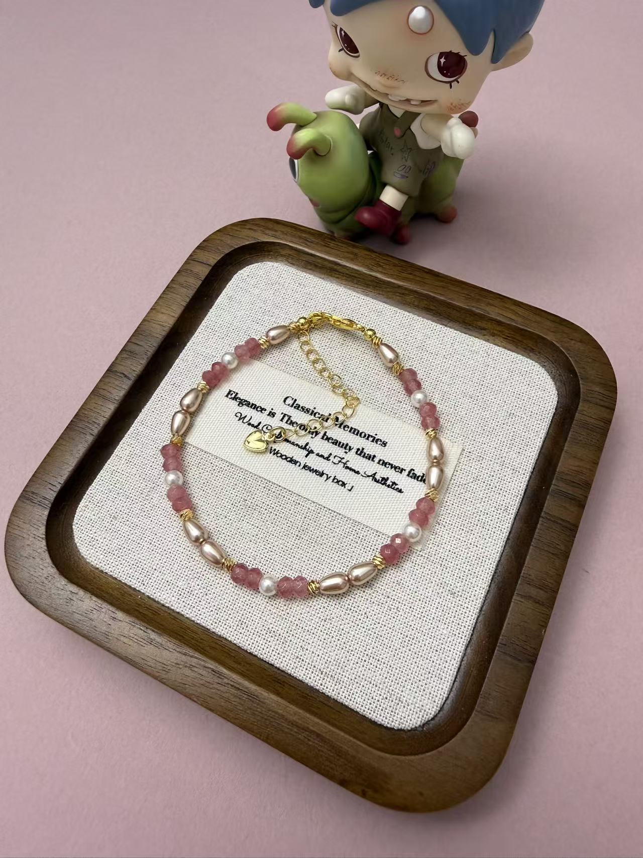 Dainty Pink Strawberry Crystal & Imitation Pearl Beaded Bracelet with Gold Heart Charm, Adjustable b313