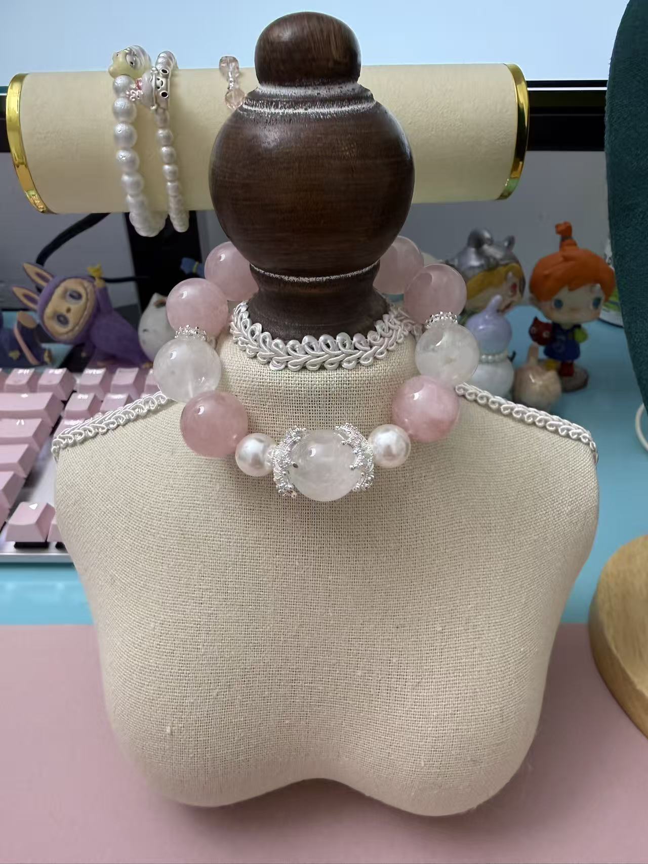 Rose Quartz & Milky White Crystal Beaded Bracelet with Silver Charm, Elastic Stackable Wrist Jewelry for Women B323