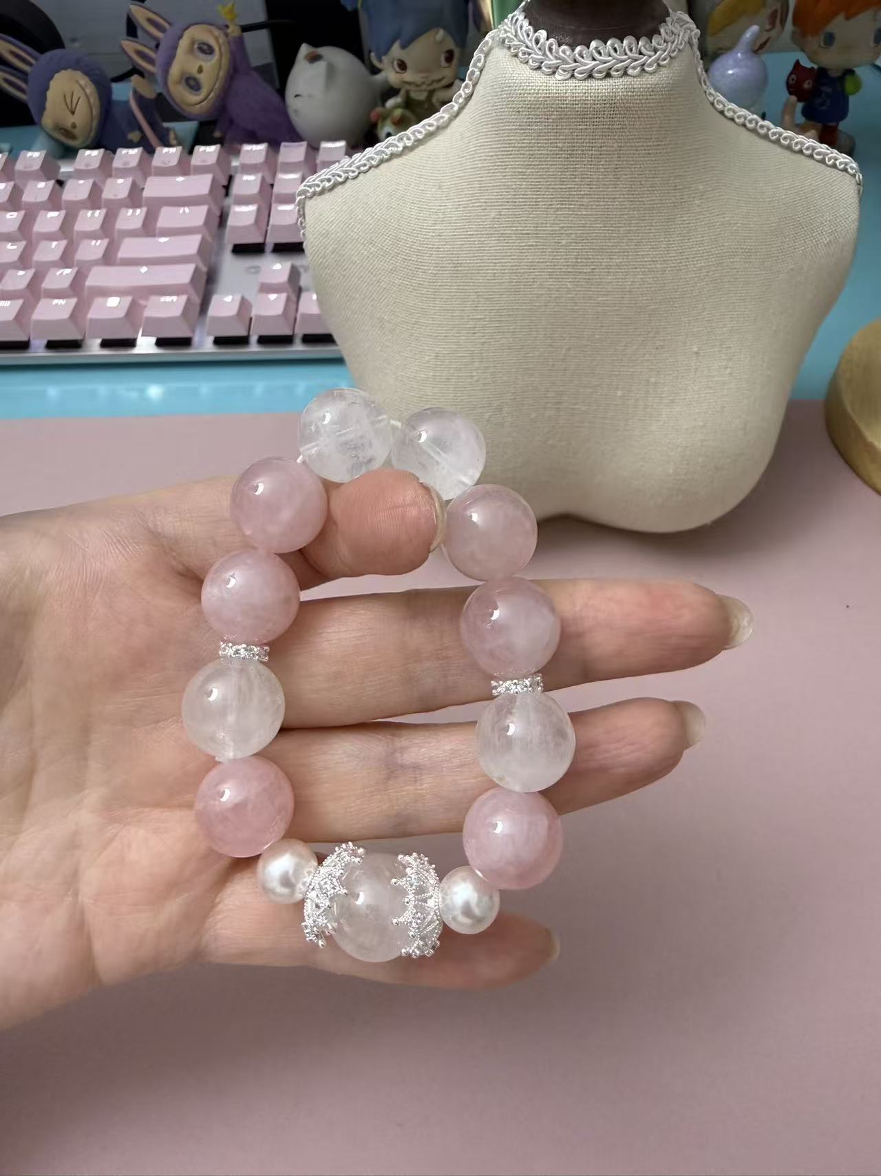 Rose Quartz & Milky White Crystal Beaded Bracelet with Silver Charm, Elastic Stackable Wrist Jewelry for Women B323