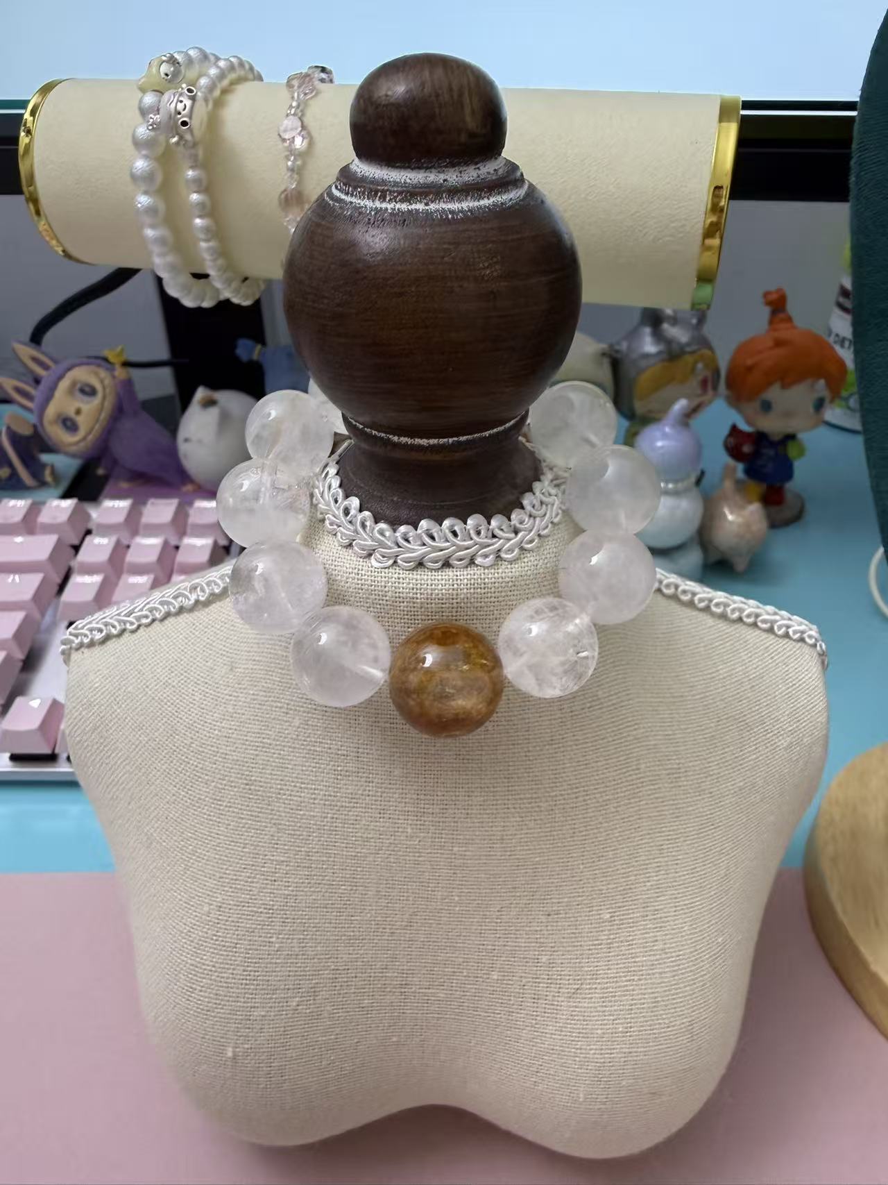Natural Milky White Crystal & Caramel Flower Quartz Beaded Bracelet, Unisex Elastic Healing Stone Wrist Jewelry B324