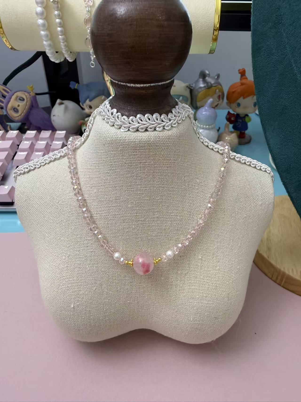 Dainty Pink Crystal Choker Necklace with Cherry Blossom Rain Rhodonite & Pearl Accents N80